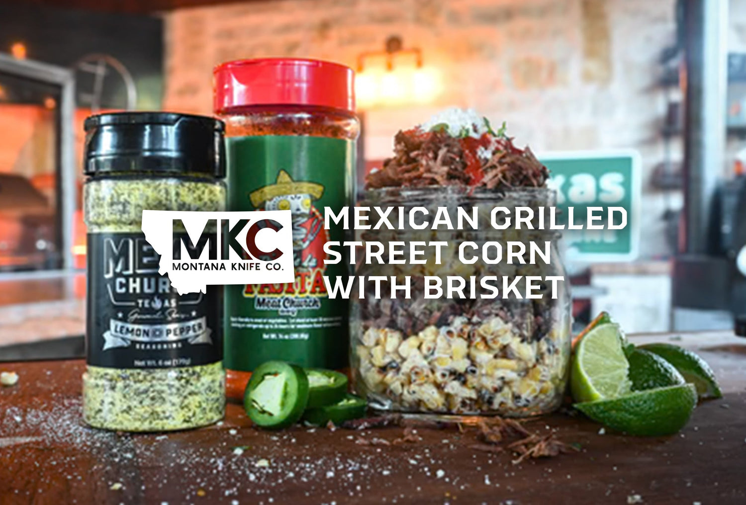 Brisket seasoning beside Mexican street corn with cotija, jalapenos, and lime, suggesting the corn is flavored with it.