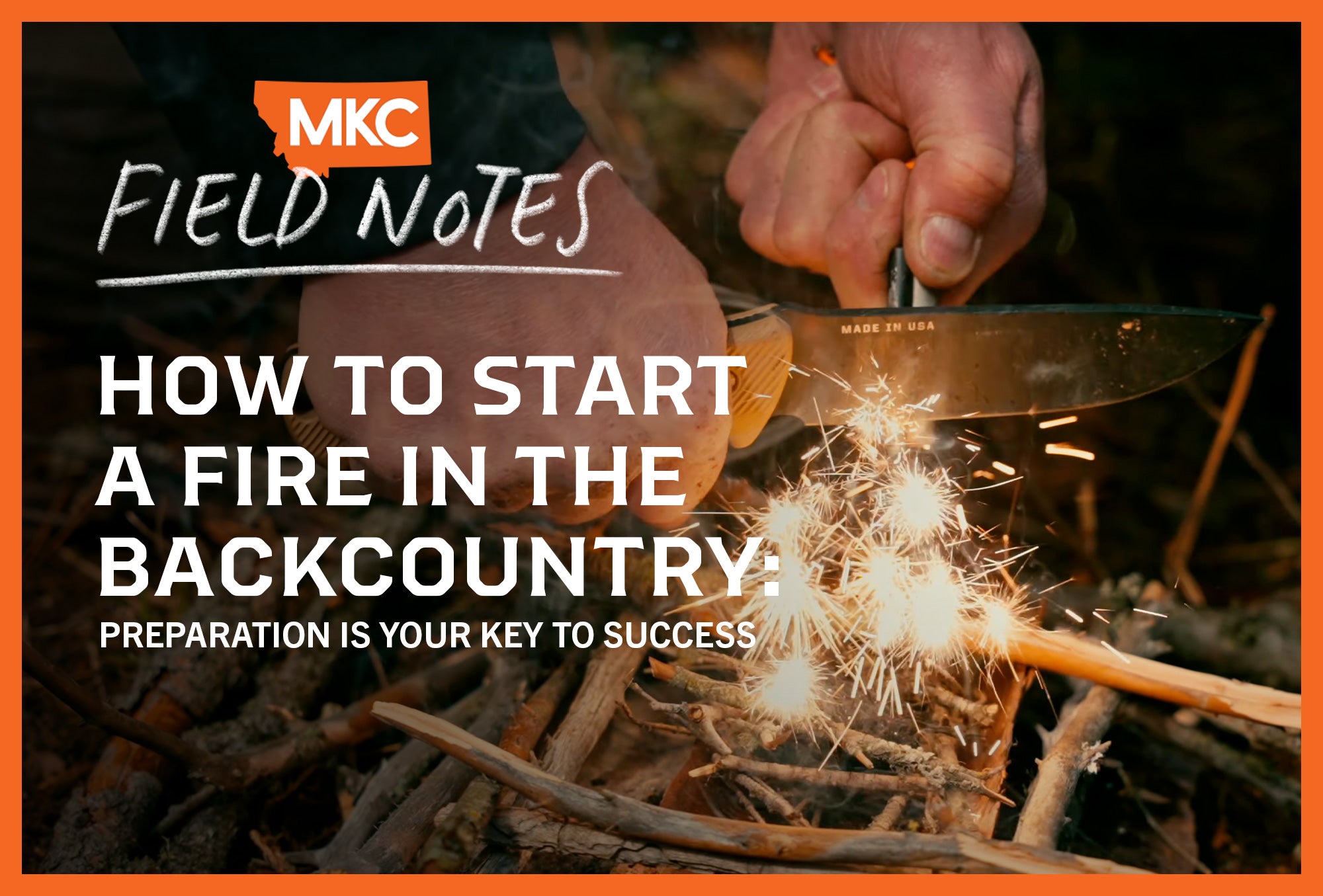 Man using a knife and firestarter to create sparks over kindling, showing how to start a fire in the backcountry.