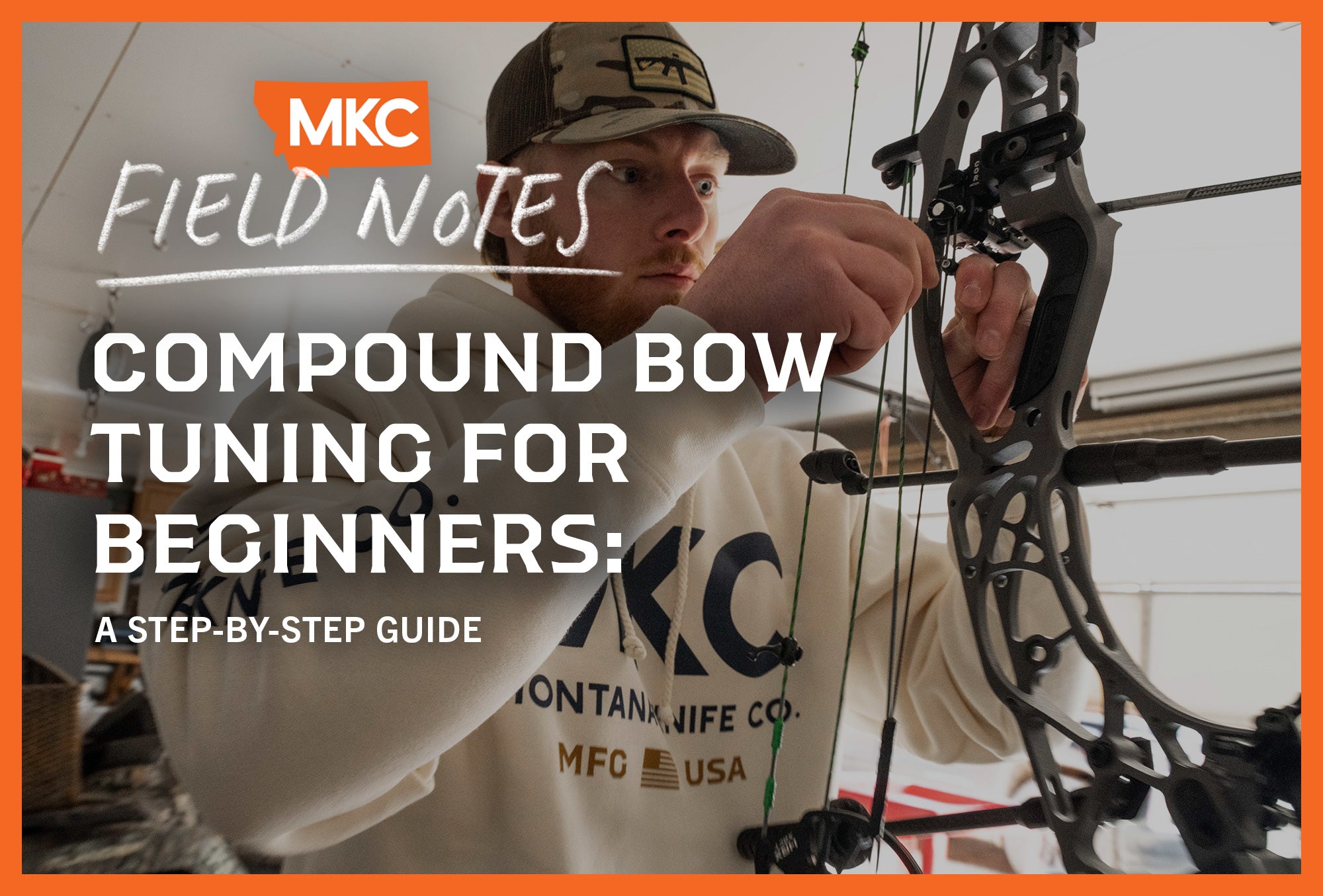 Brayden Cooney wears an MKC hoodie and camo hat as he demonstrates compound bow tuning for beginners.
