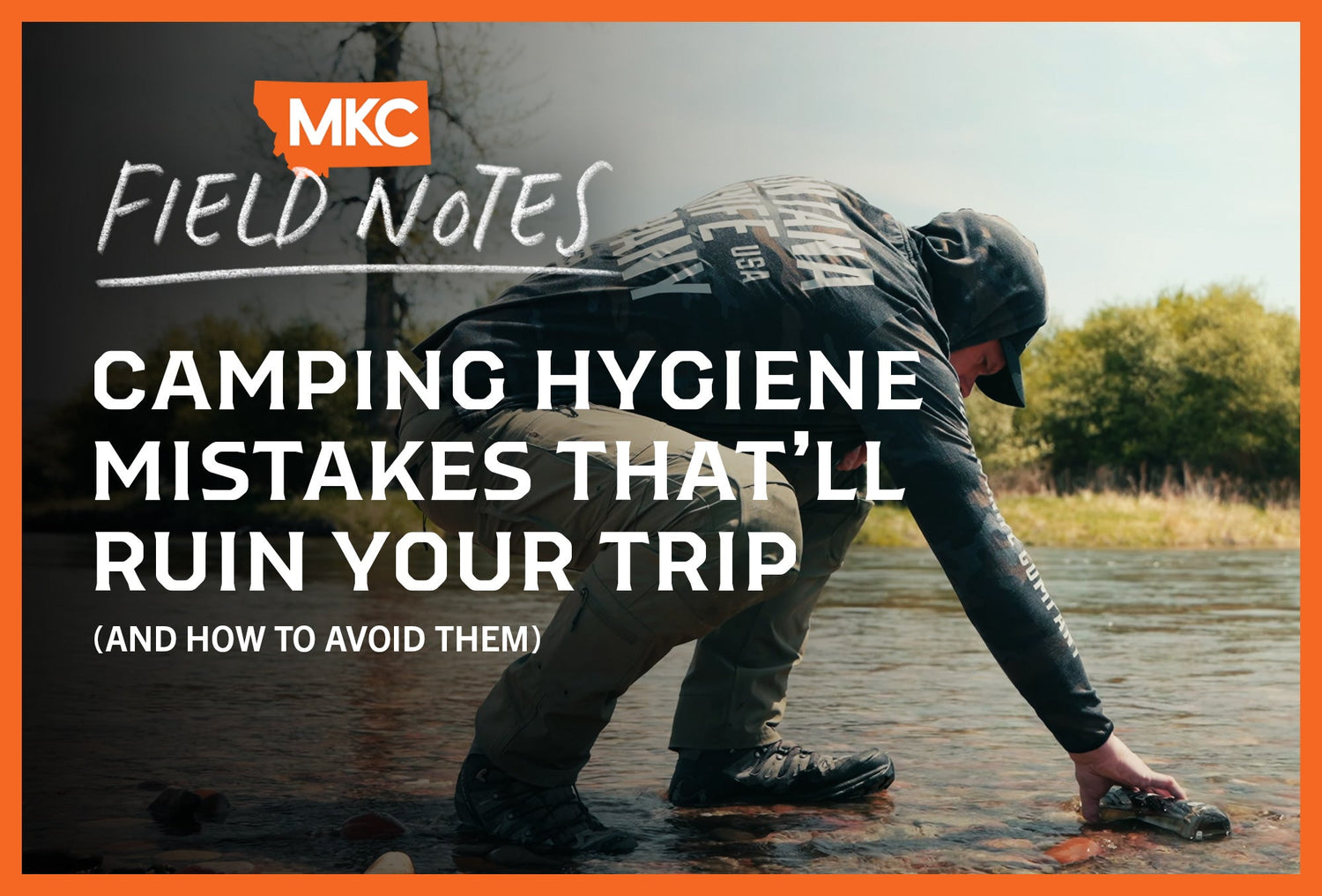 Man gathers water in nature, highlighting camping hygiene essentials for outdoor cleanliness.