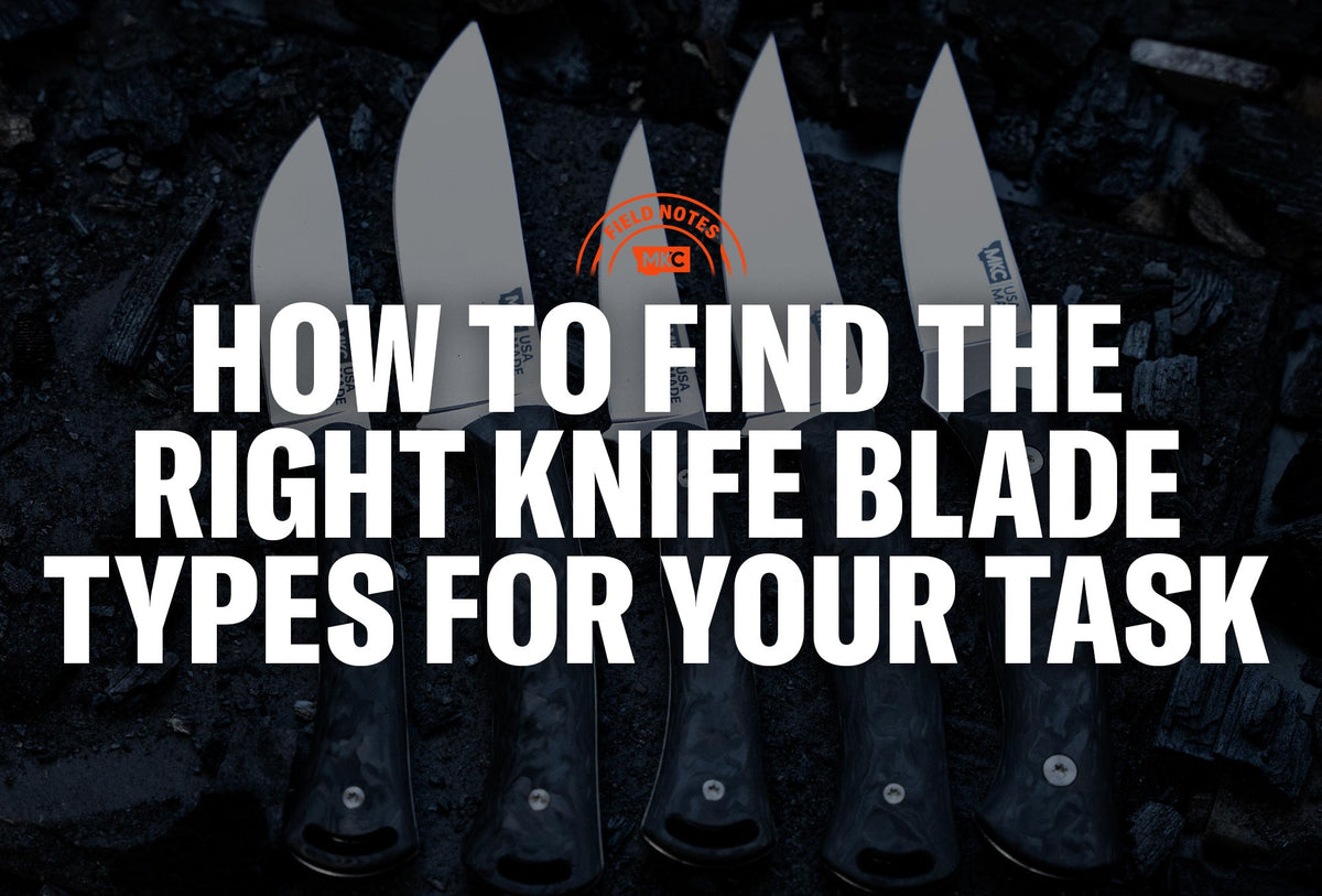 Five different types of knives arranged on a dark textured surface.