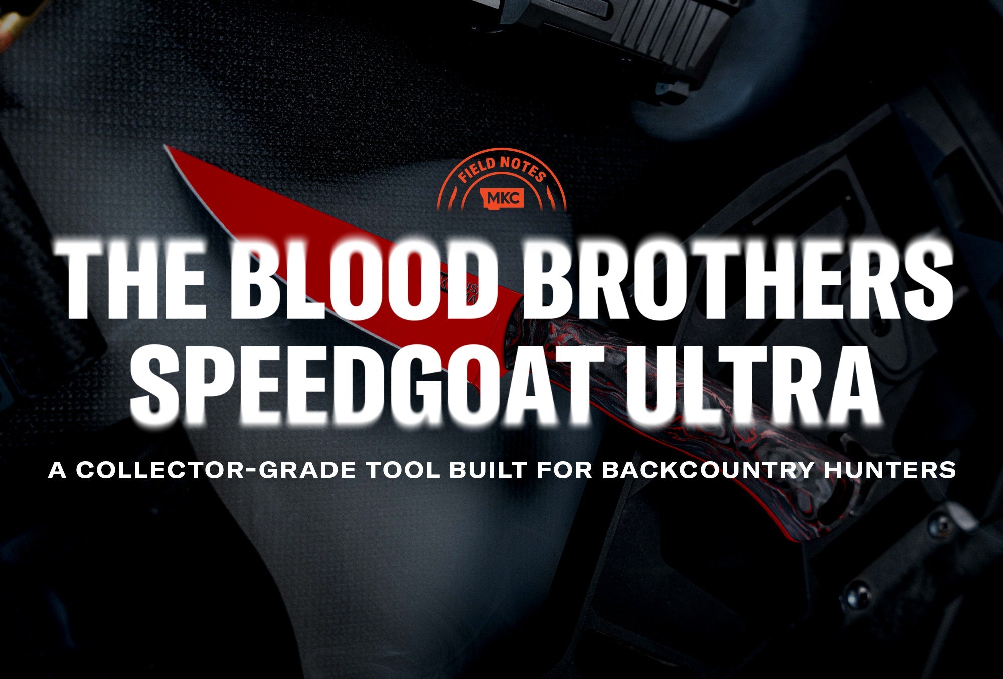 A Blood Brothers Speedgoat Ultra knife with a red Cerakote blade and carbon‑fiber handle displayed on a black background.