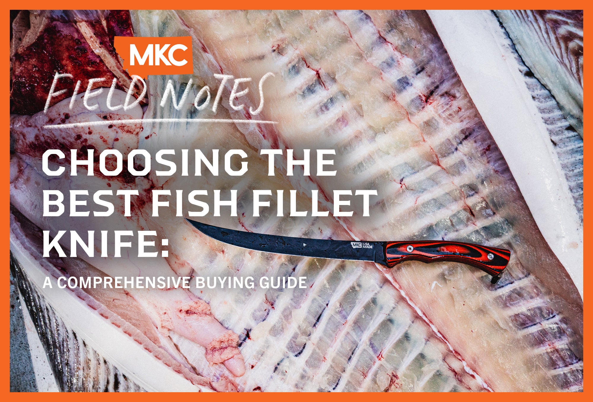 A large white fish lies filleted open with the best fish fillet knife from MKC resting on the ribs.