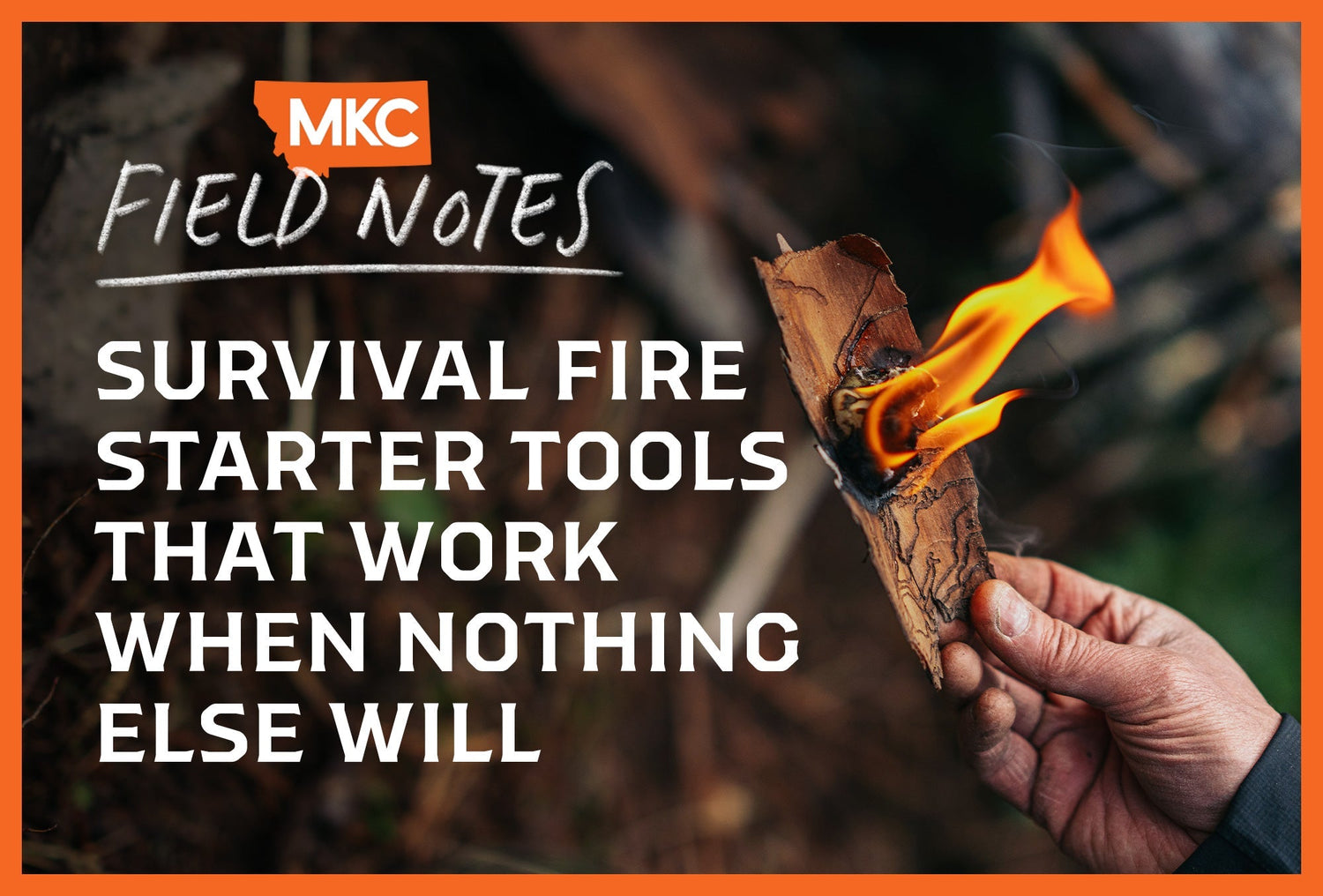 Hand holding a lit piece of bark with flames