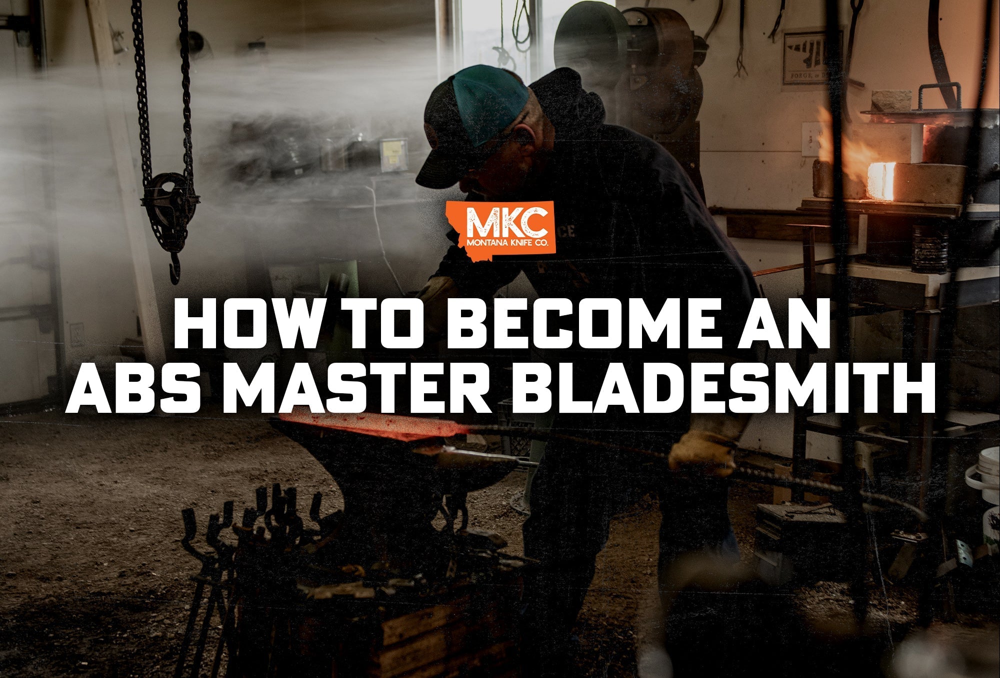 Gloved bladesmith forging red-hot steel in workshop, demonstrating skill on path to ABS Master Smith rating.