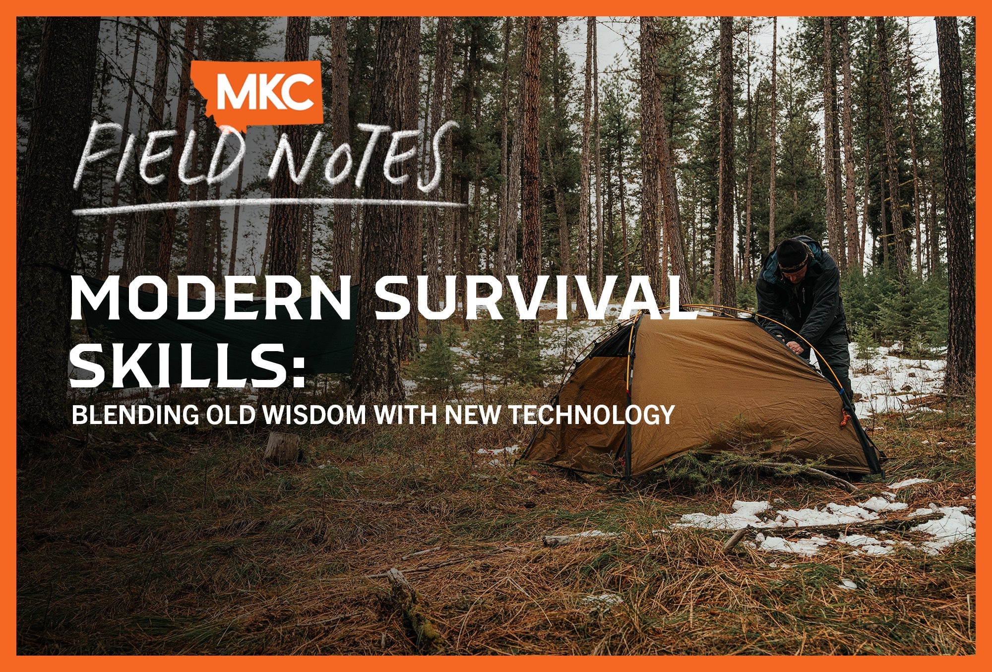 Man camps in snowy forest, blending survival skills and new tech.