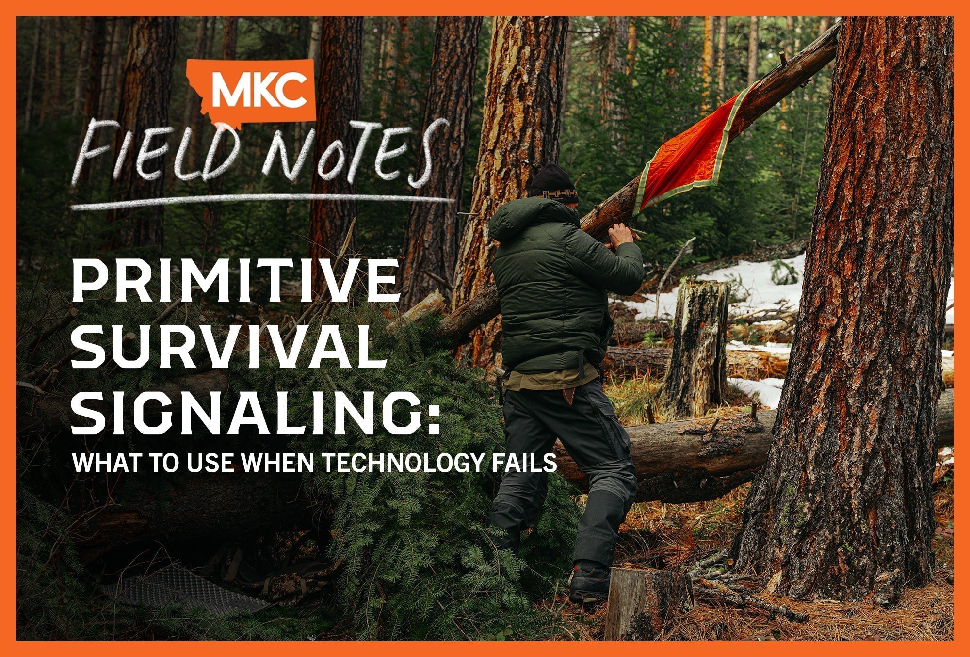 An outdoor scene showing John Barklow in dark clothing setting up an orange signal flag in a forest.