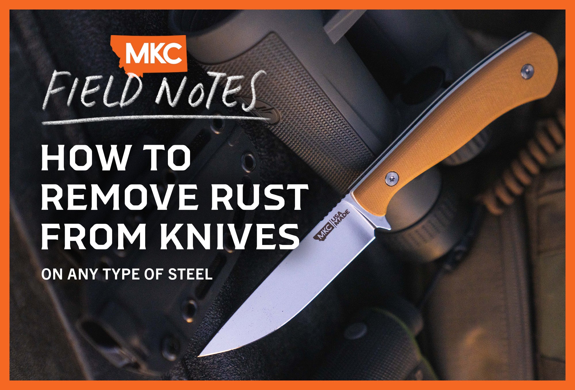 A pristine MKC knife lies across black hunting gear, representing a discussion on how to remove rust from knives.