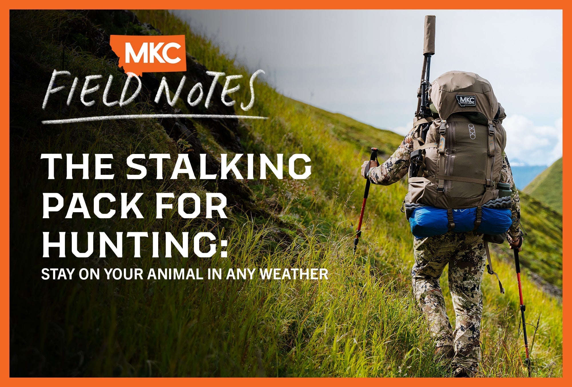 Hunter in full gear walking uphill on grassy terrain, viewed from behind.