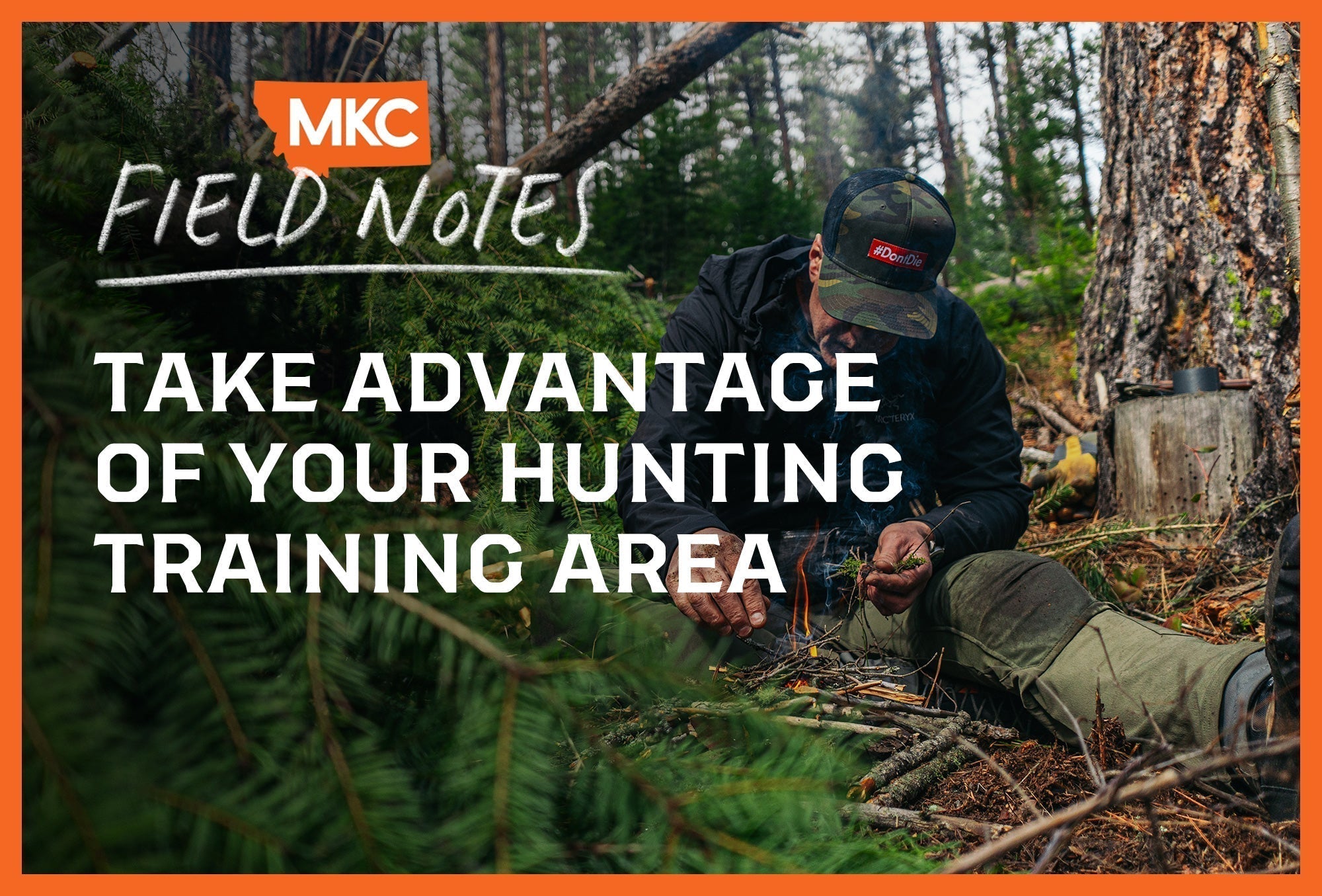 John Barklow starting a small fire in a forest.