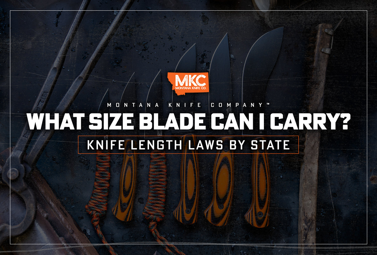 Six MKC knives lie in a row from shortest to longest on a dark table, representing differing knife length laws by state.