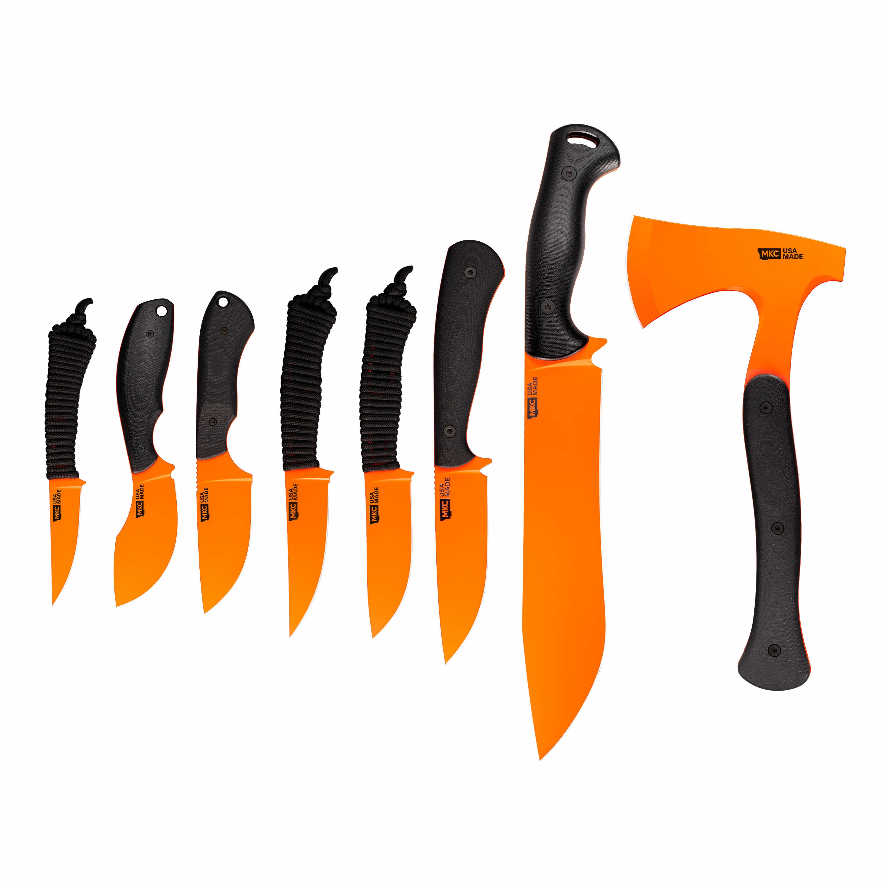 Full set of 8 knives and an axe featuring Blaze Orange Cerakote finish, designed for visibility and durability in outdoor use.
