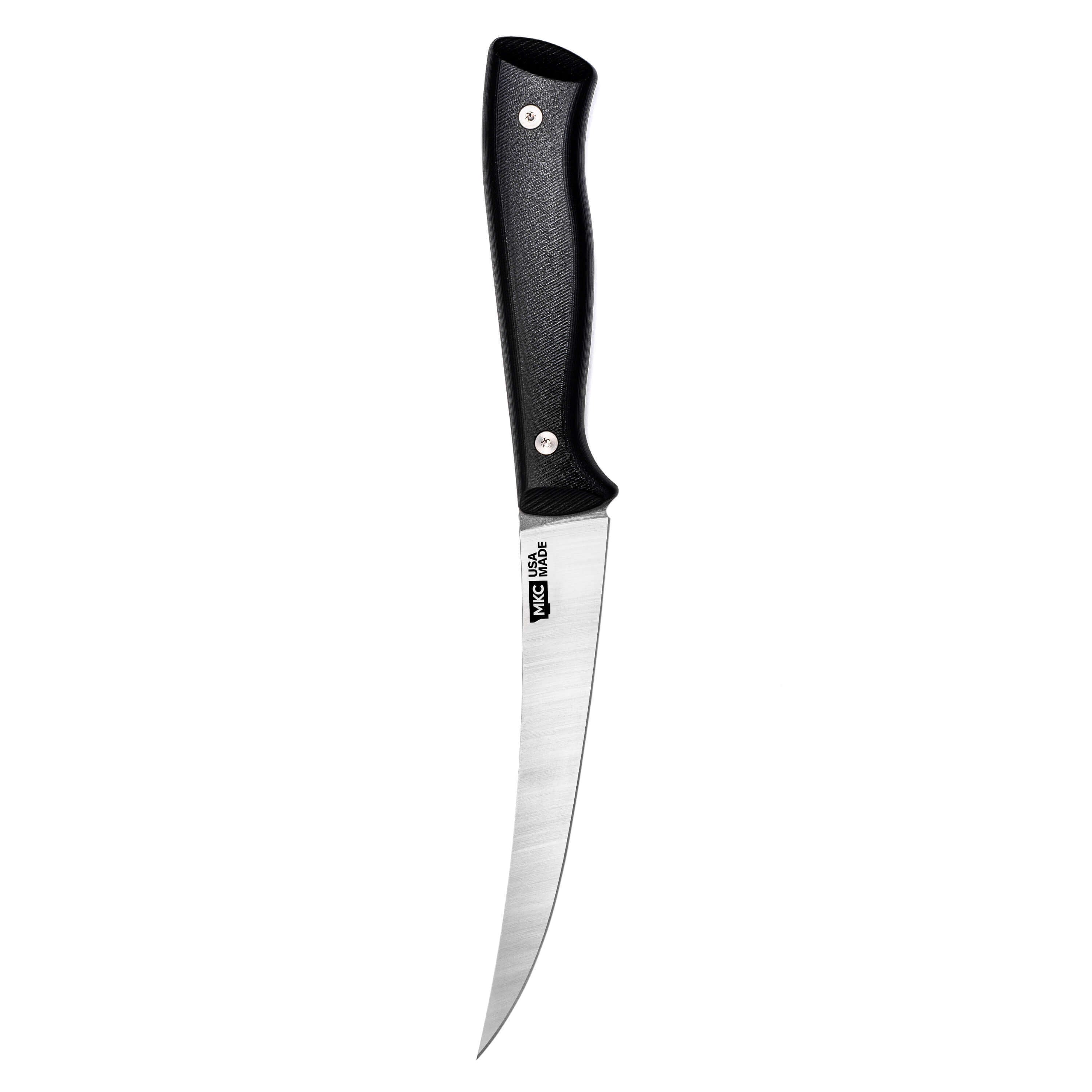 Black boning butcher knife with a sleek stainless steel blade and ergonomic handle, ideal for precision cutting.
