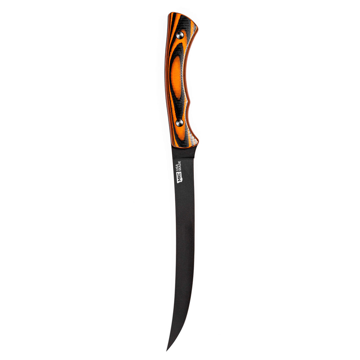 Flathead Fillet knife featuring an orange and black handle with a curved blade, designed for precision filleting.