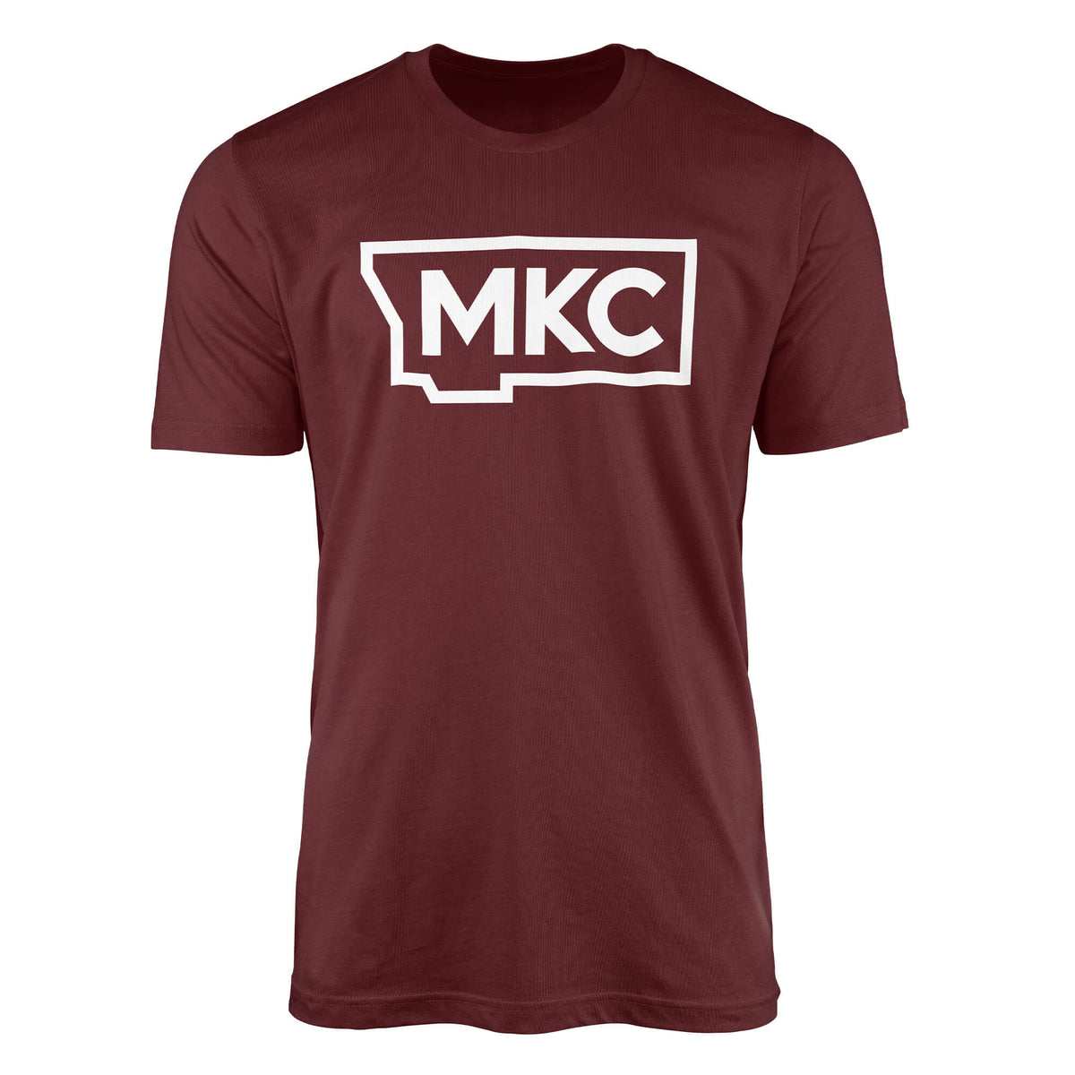 Maroon MKC Team Tee featuring a white Montana-shaped logo with MKC lettering, ideal for outdoor enthusiasts.