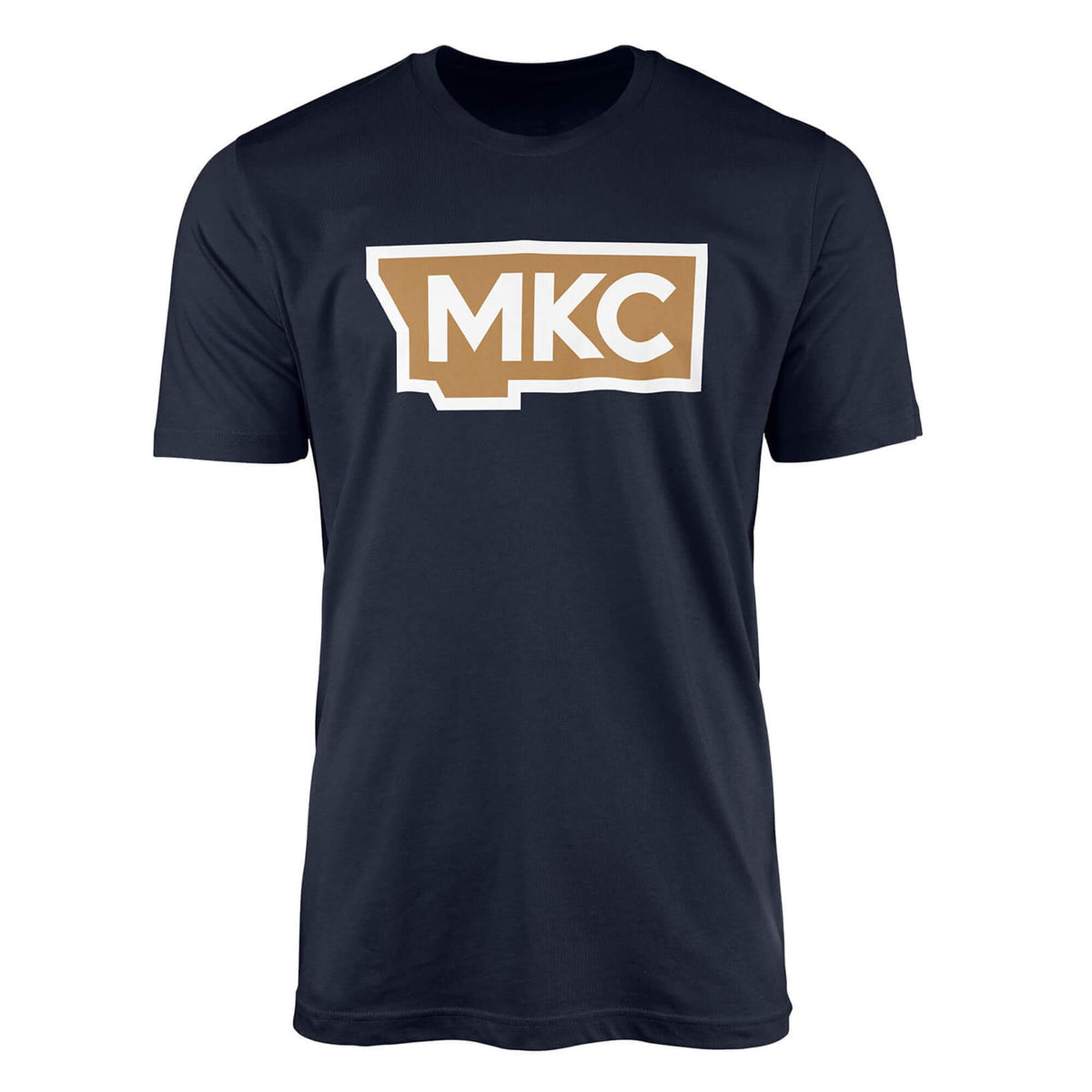 Navy blue t-shirt featuring a bold MKC logo in a contrasting color, representing Montana Knife Company.