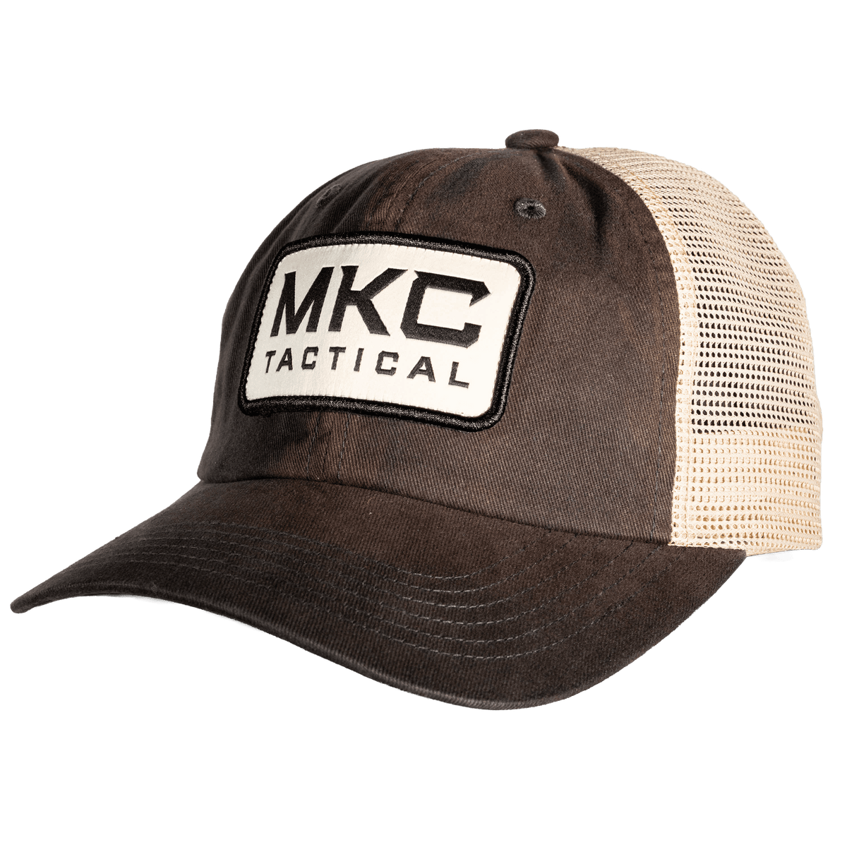 Brown and beige trucker hat featuring the MKC Tactical logo, designed for outdoor enthusiasts and professionals.