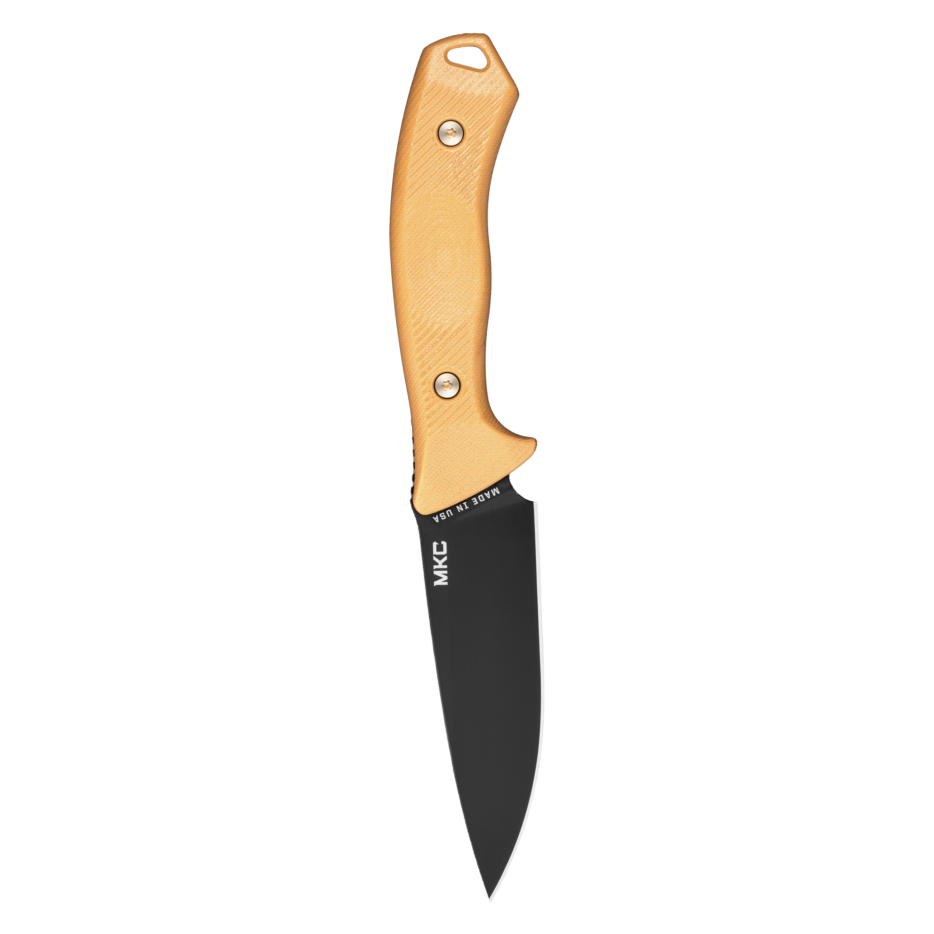 MTNTOUGH TF24 knife featuring a black blade and a textured yellow handle, designed for durability and performance.
