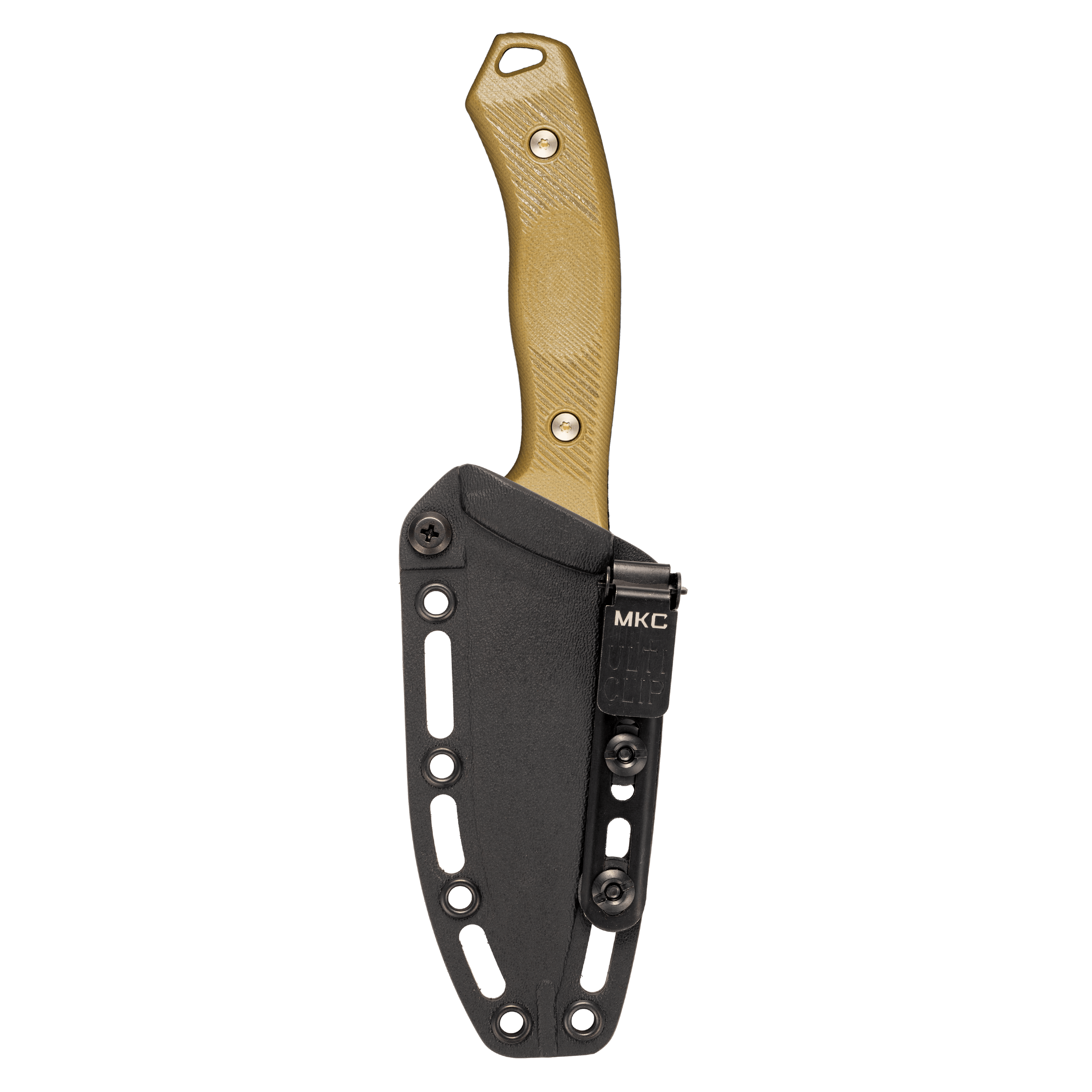 MTNTOUGH TF24 knife with a tan handle and black sheath, designed for durability and functionality in outdoor tasks.