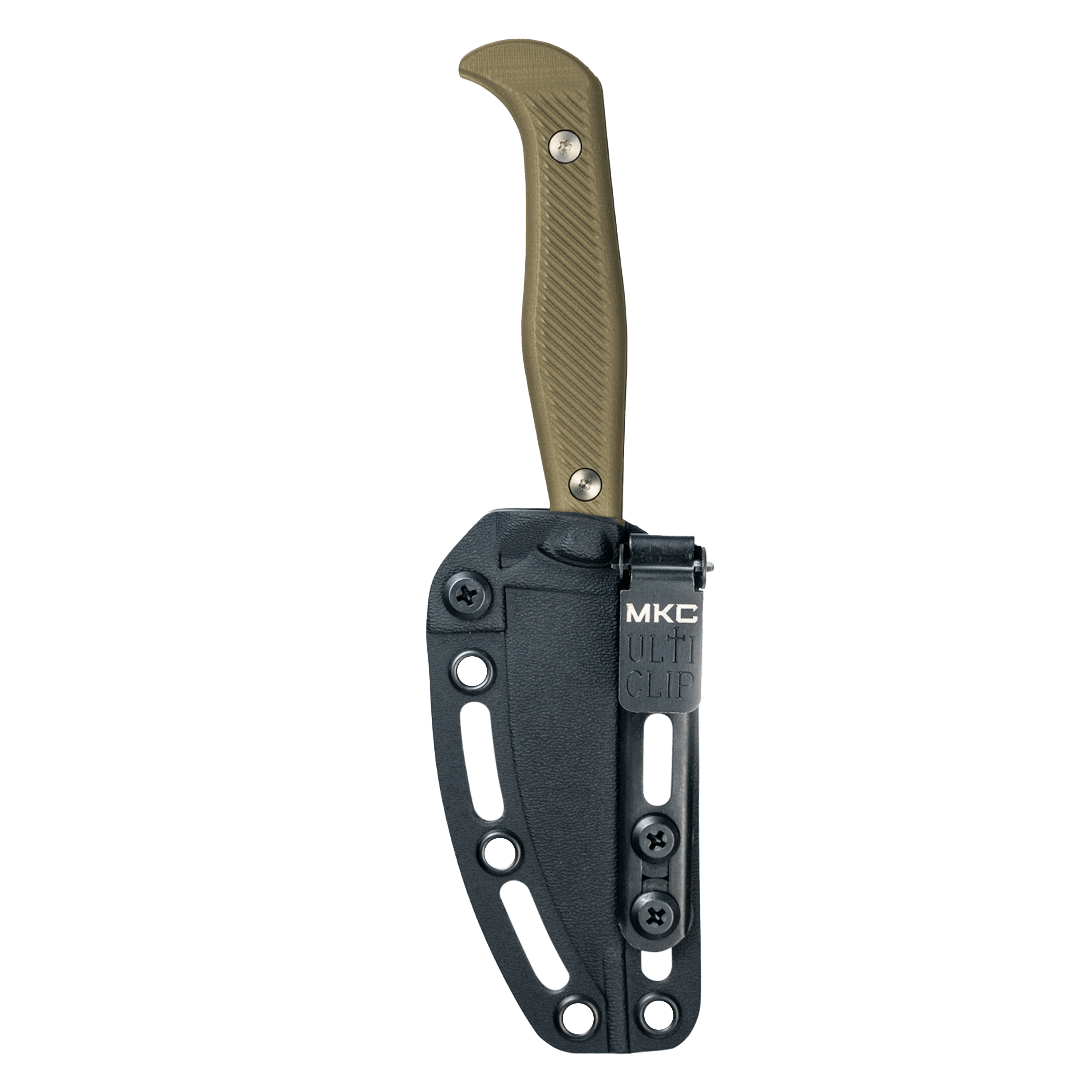 Alt text: "BATTLE GOAT BLK/OD tactical knife with olive drab textured handle partially unfolded from a black sheath with MKC branded multi-clip."
