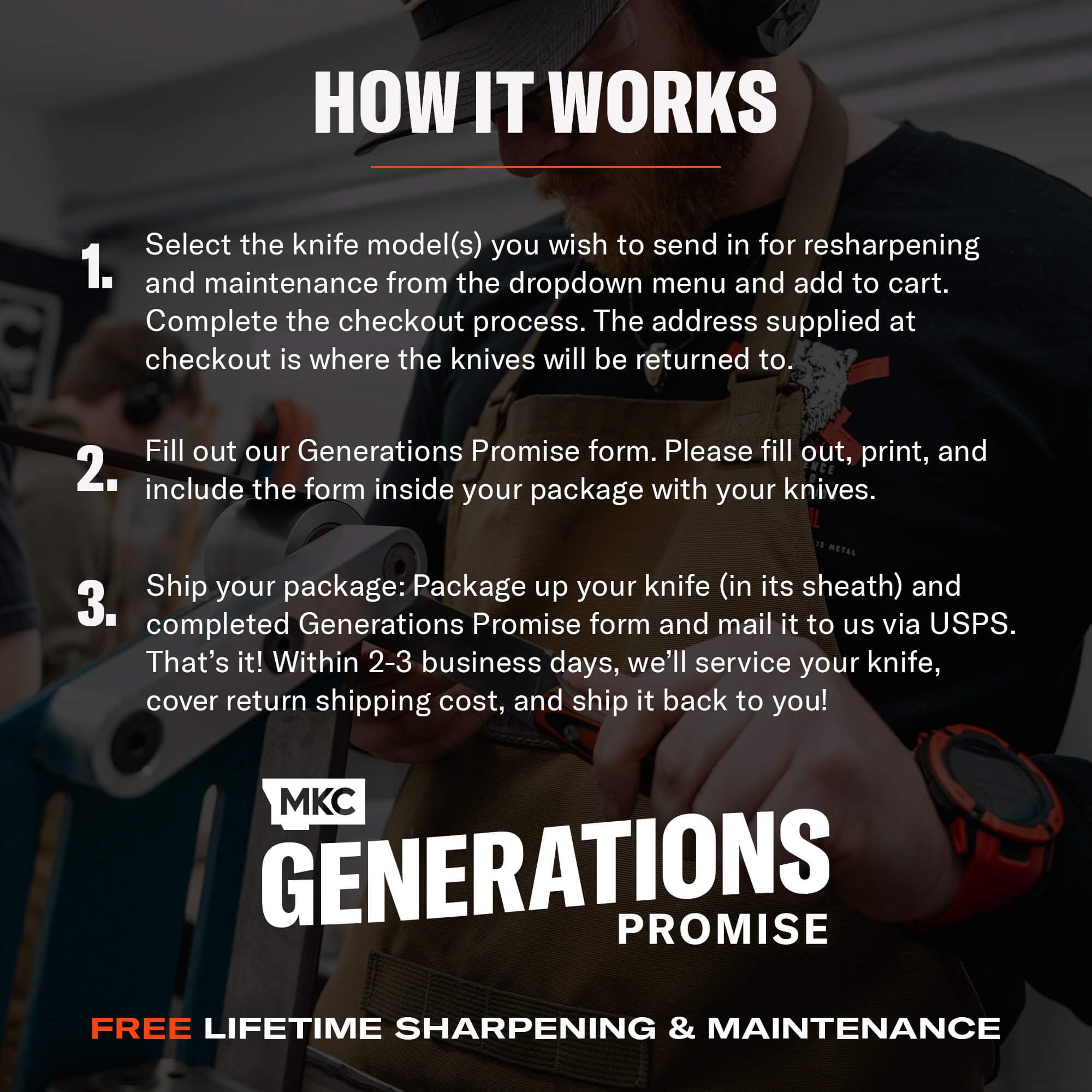 MKC GENERATIONS PROMISE - FREE RESHARPENING AND MAINTENANCE