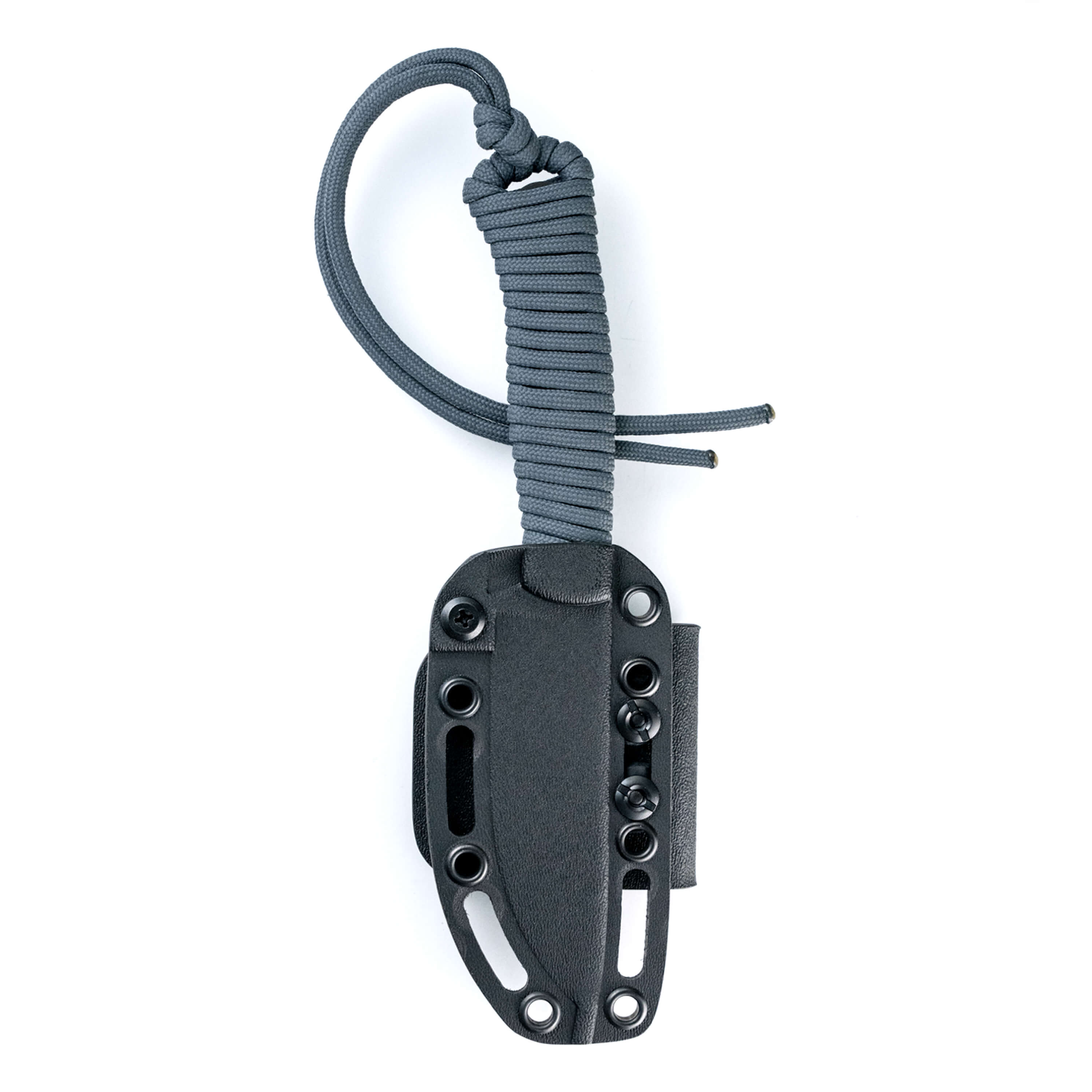 "Gray paracord wrapped knife with black sheath from the Wild Sheep Foundation Stoned Goat 2.0 Secret Drop, displayed on a white background."