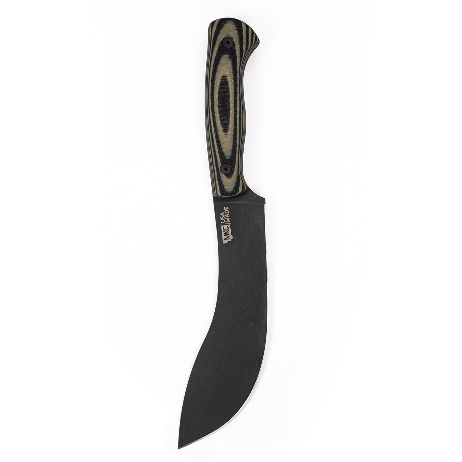Alt text: "Beartooth Pro Skinning Blade with a curved black blade and a green and black striped handle."