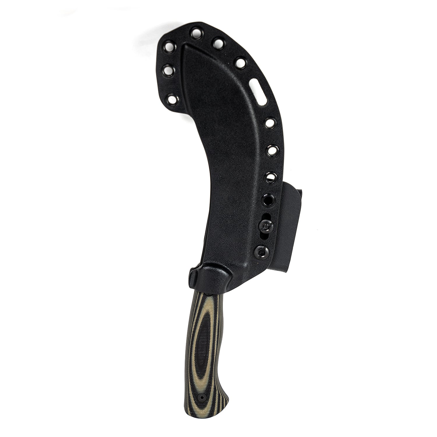Alt text: "Beartooth Pro Skinning Blade with a curved design, featuring a green and black layered handle and a black sheath with multiple rivets, isolated on a white background."