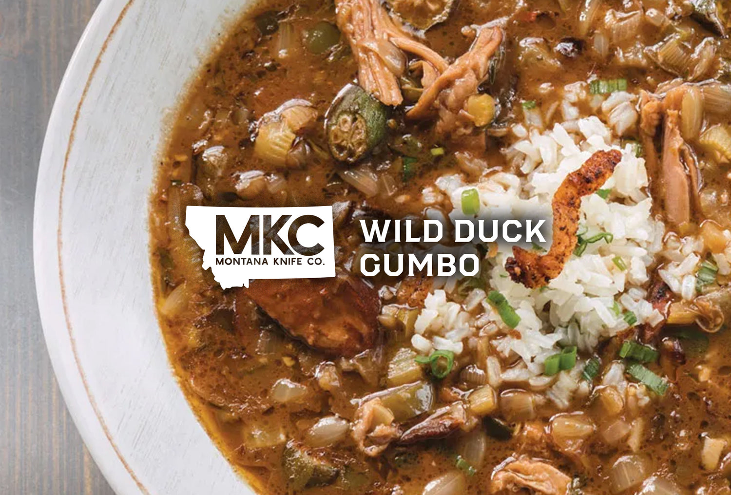 Savory wild duck gumbo garnished with white rice and green onions sits in a white bowl, ready for eating.