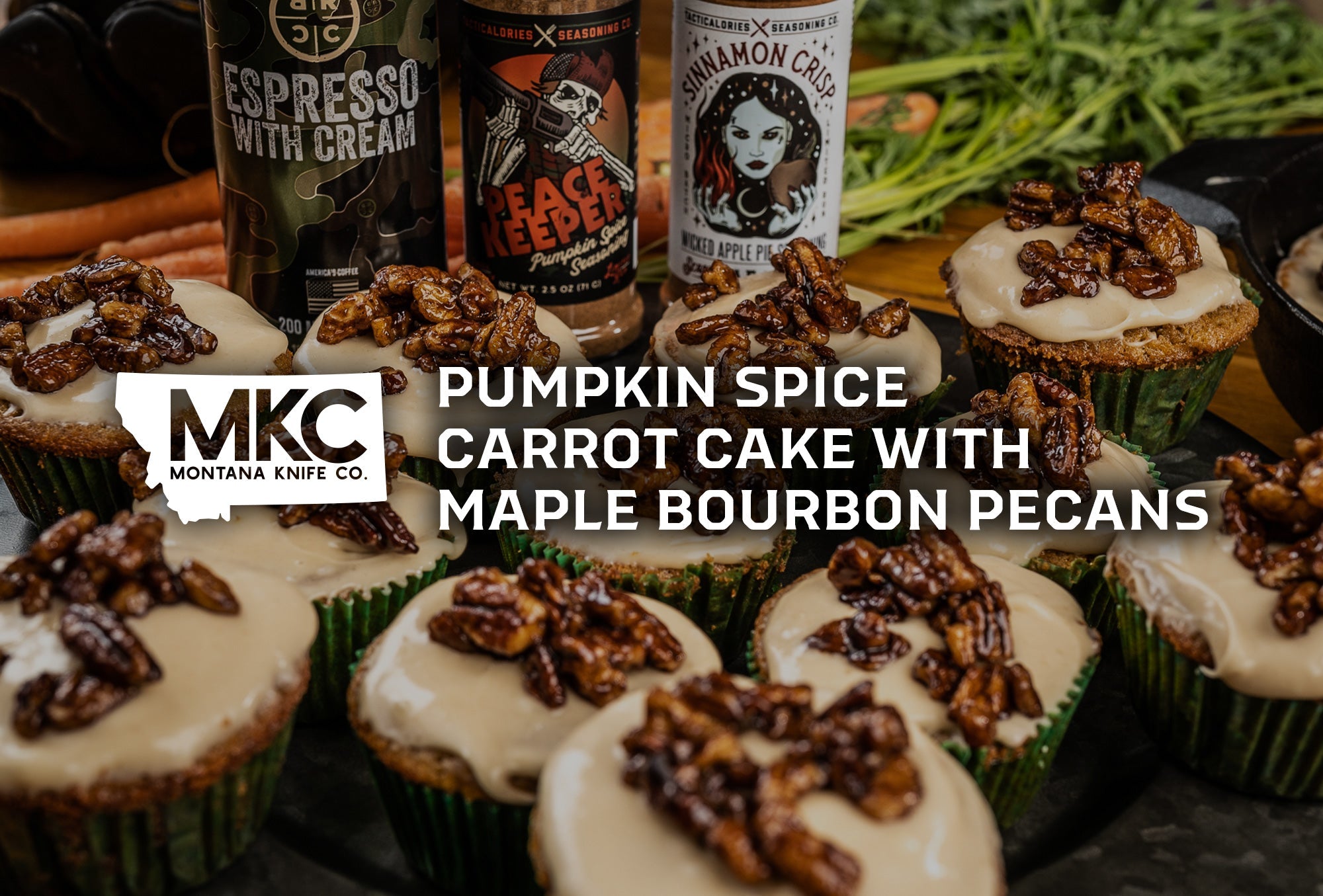 Pumpkin spice carrot cake cupcakes with maple bourbon pecans, topped with frosting, alongside seasoning and coffee products.