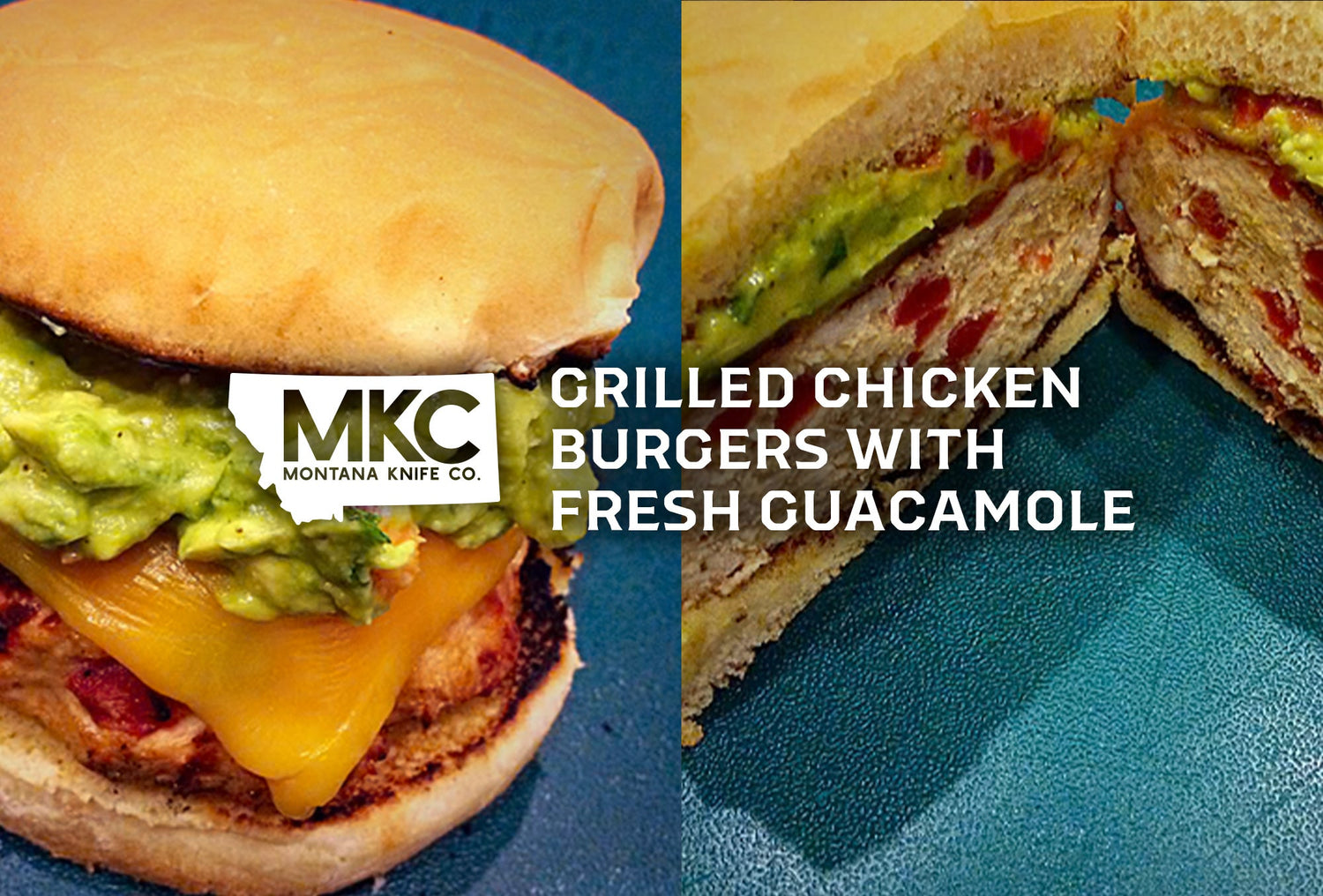 Grilled chicken burger topped with melted cheese, lime-cilantro tomatoes, and homemade guacamole on a toasted bun.