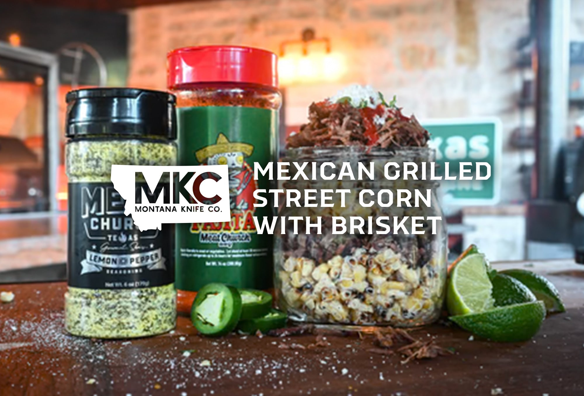 Brisket seasoning beside Mexican street corn with cotija, jalapenos, and lime, suggesting the corn is flavored with it.