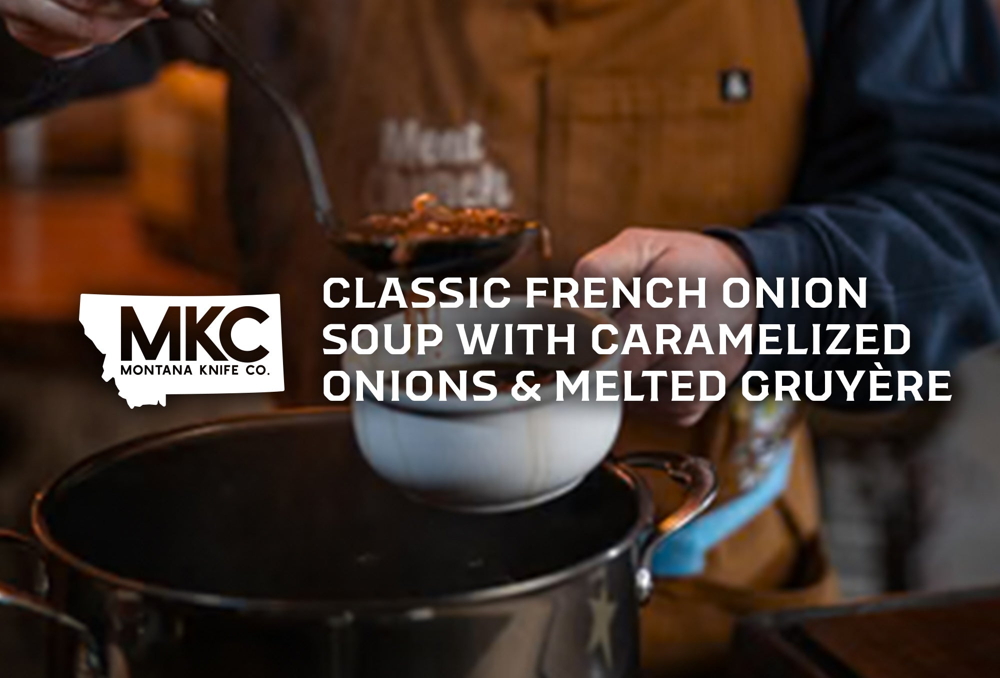 French onion soup being spooned into a bowl, showcasing rich broth and tender caramelized onions.