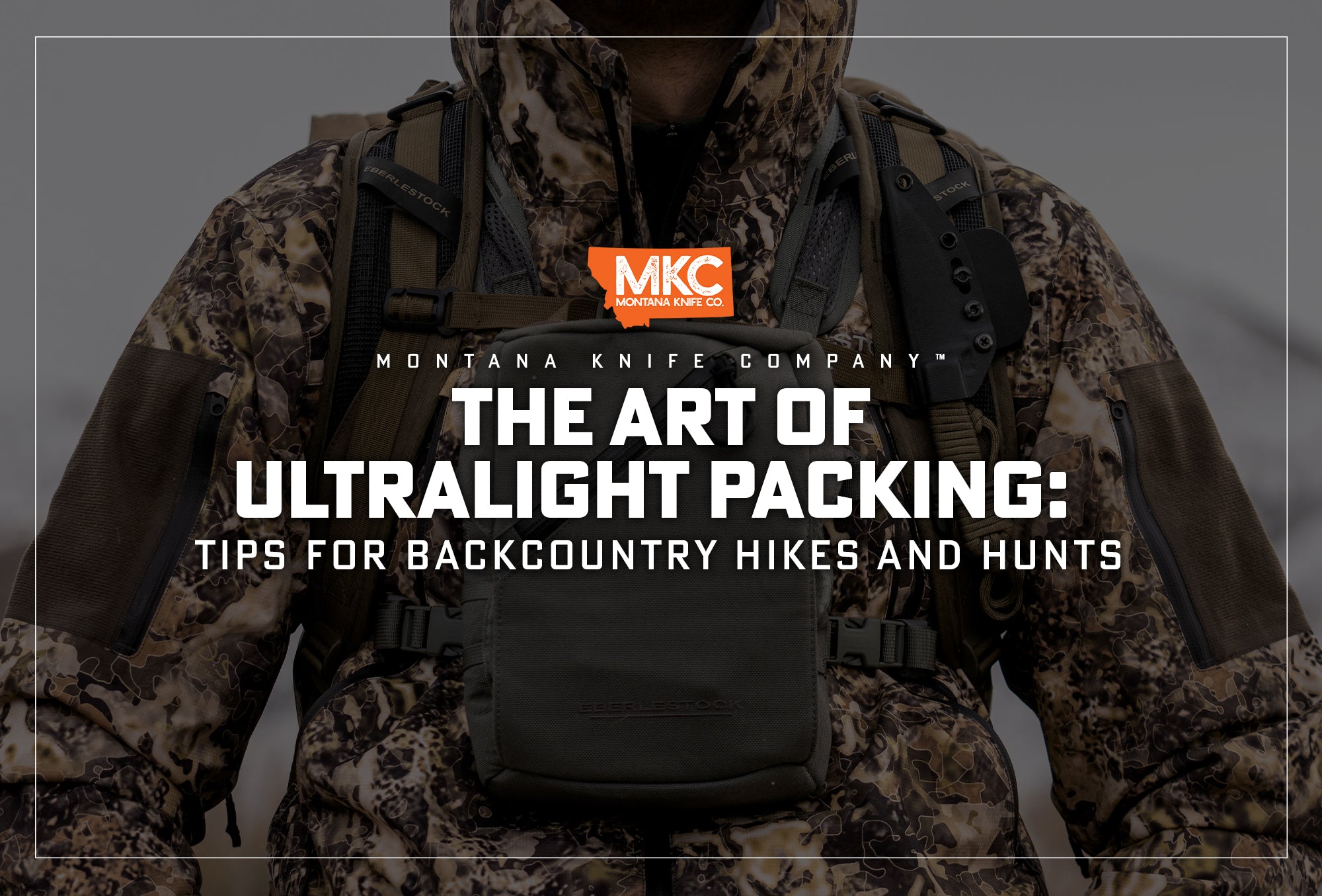 A hunter wearing camo and a pack demonstrates the art of ultralight backpacking.