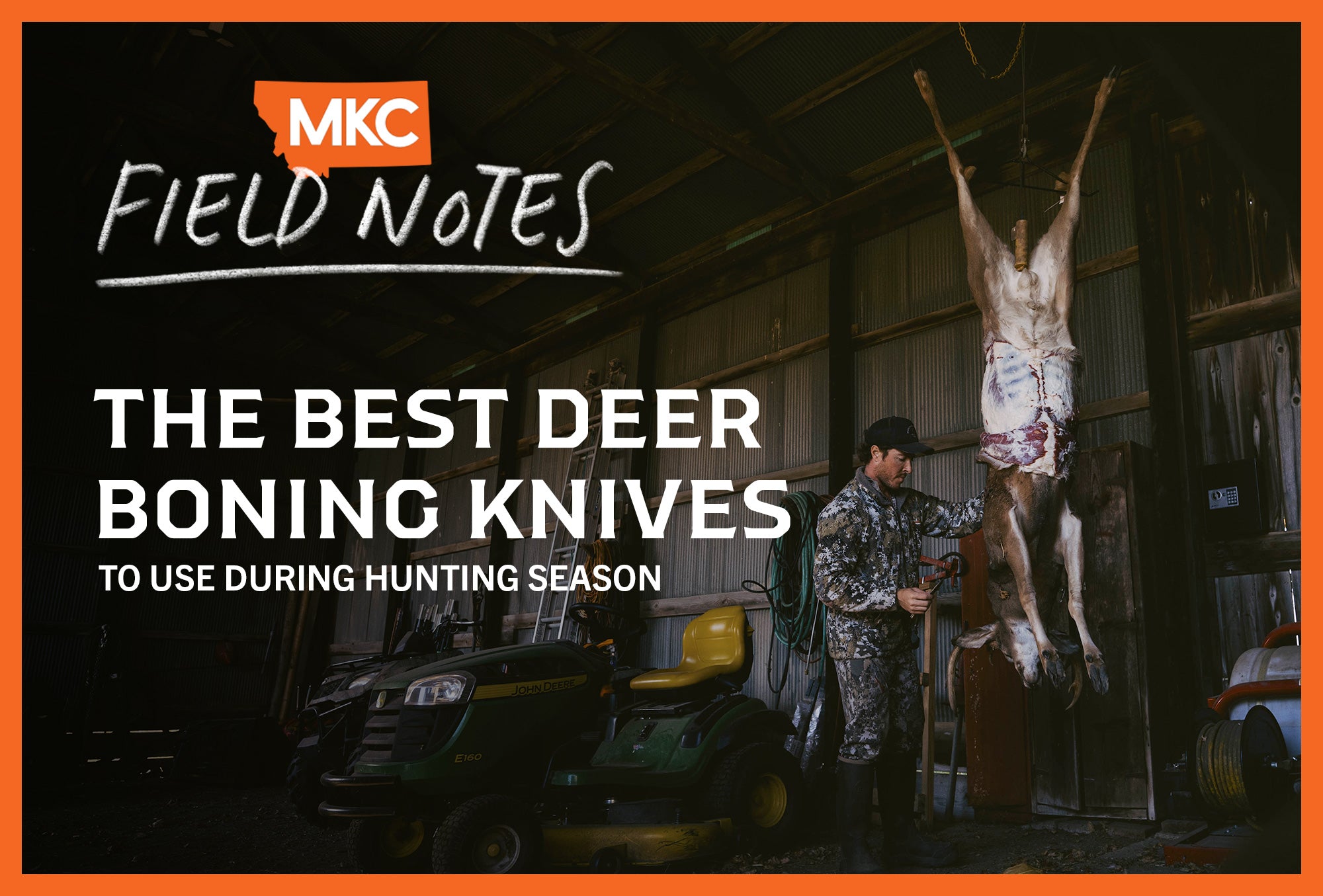 A hunter in camouflage next to a hanging deer in a processing shed.
