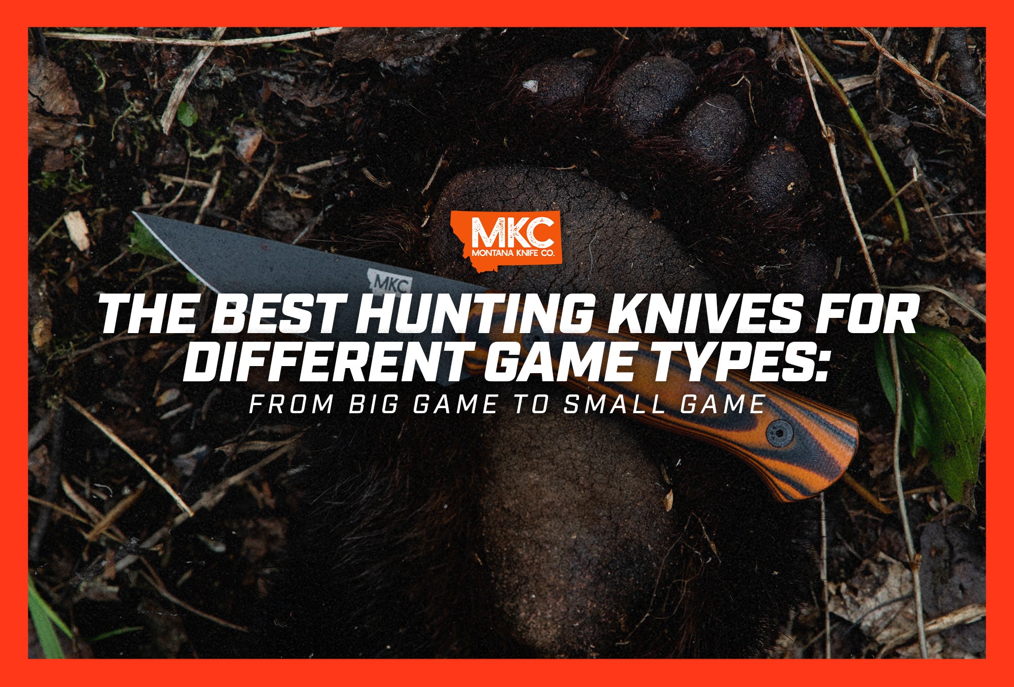 An MKC blade lies on the ground over a large paw print, representing the best hunting knives for different types of game.
