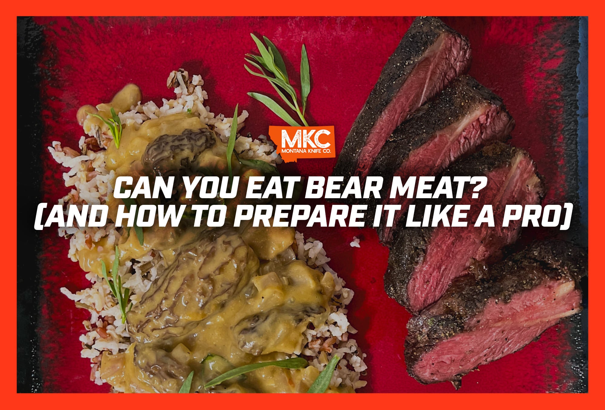 Can you eat bear meat? Yes! Four bear meat steaks line up next to white rice with a yellow cream sauce on a platter.