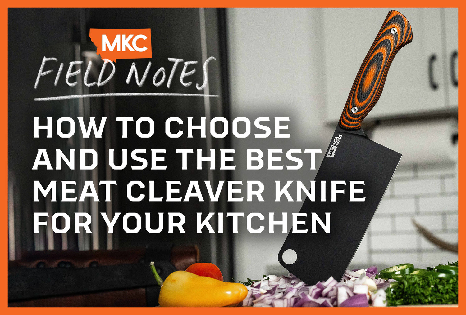 A meat cleaver knife stands with its point buried in a wooden cutting board, surrounded buy chopped onions and peppers.
