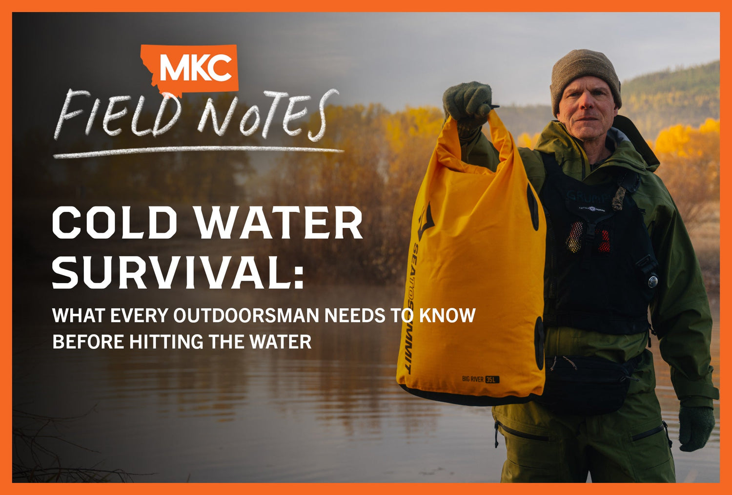 Outdoorsman in green jacket holding yellow waterproof bag by cold water.