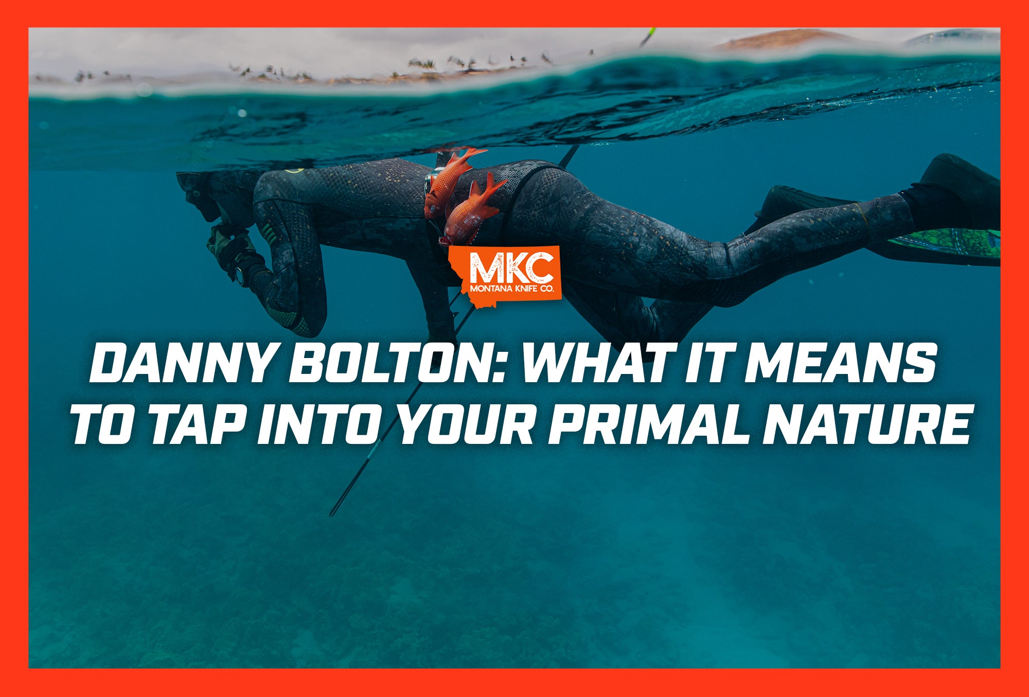 Danny Bolton taps into his primal nature as he floats near the ocean’s surface, spearfishing in fins and a full wetsuit. 