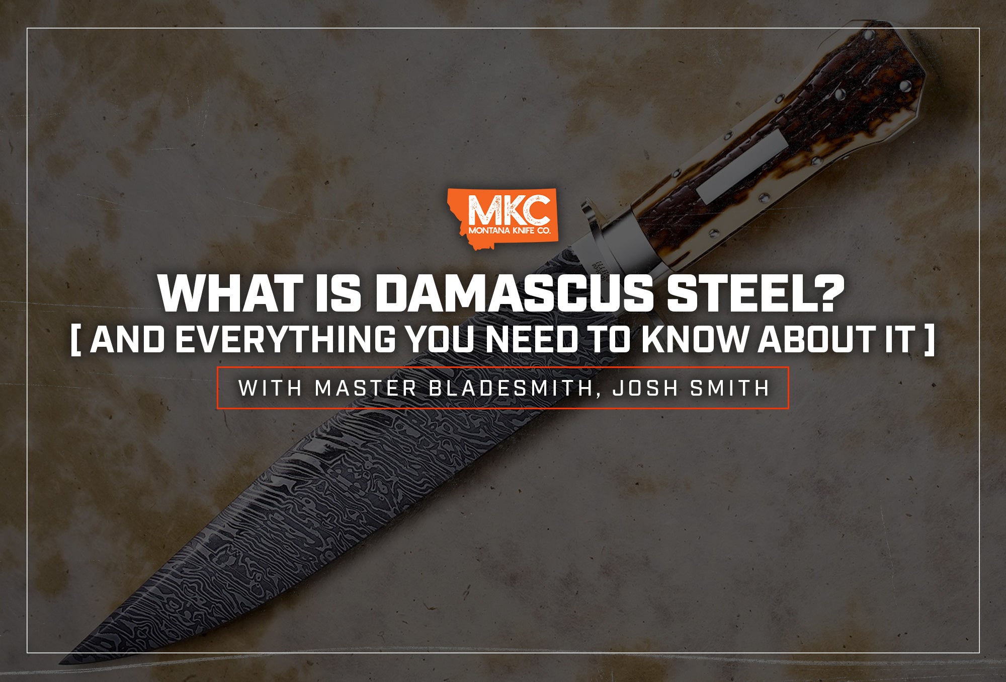 A Damascus steel blade missing one handle scale lies on a concrete surface.