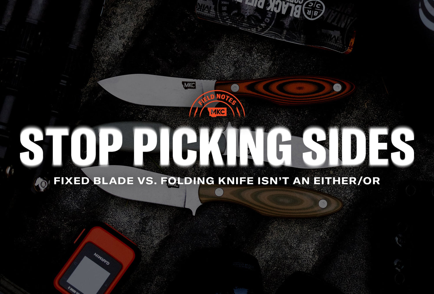 Three MKC knives on a dark surface illustrating fixed-blade vs. folding-knife differences.