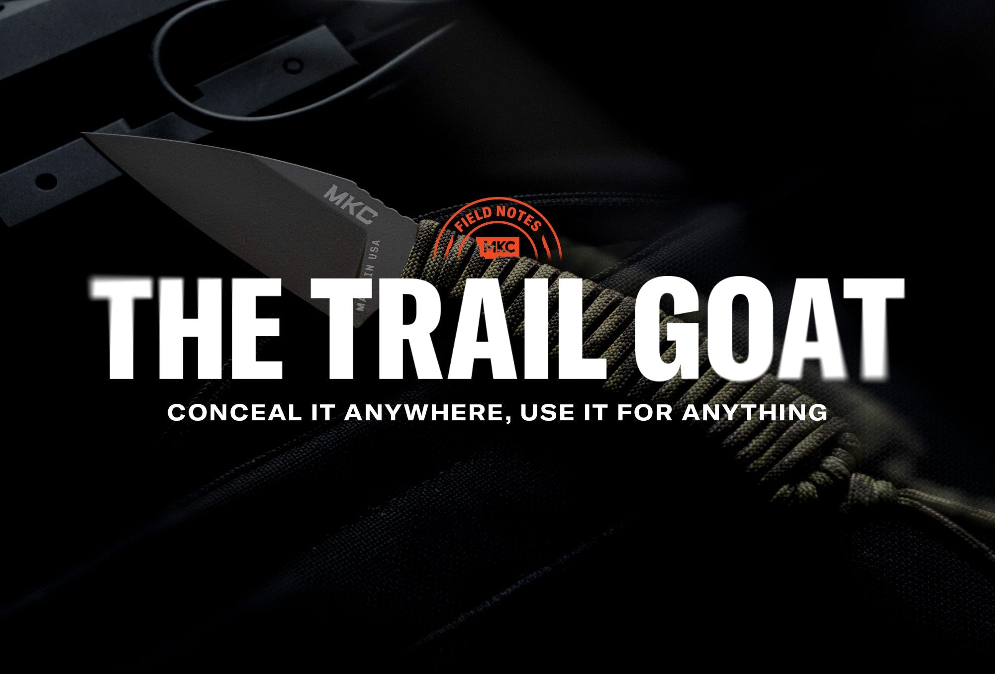 Trail Goat knife with a paracord handle and MKC branding shown against an orange Field Notes logo.