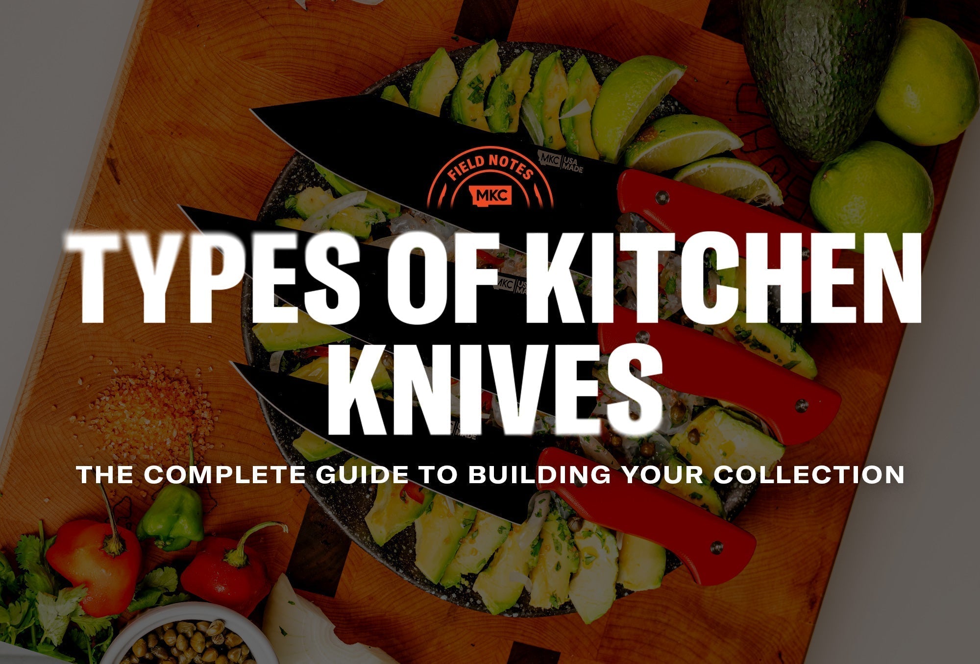 Three MKC knives displayed on fresh-cut fruits and vegetables, showing different types of knives.