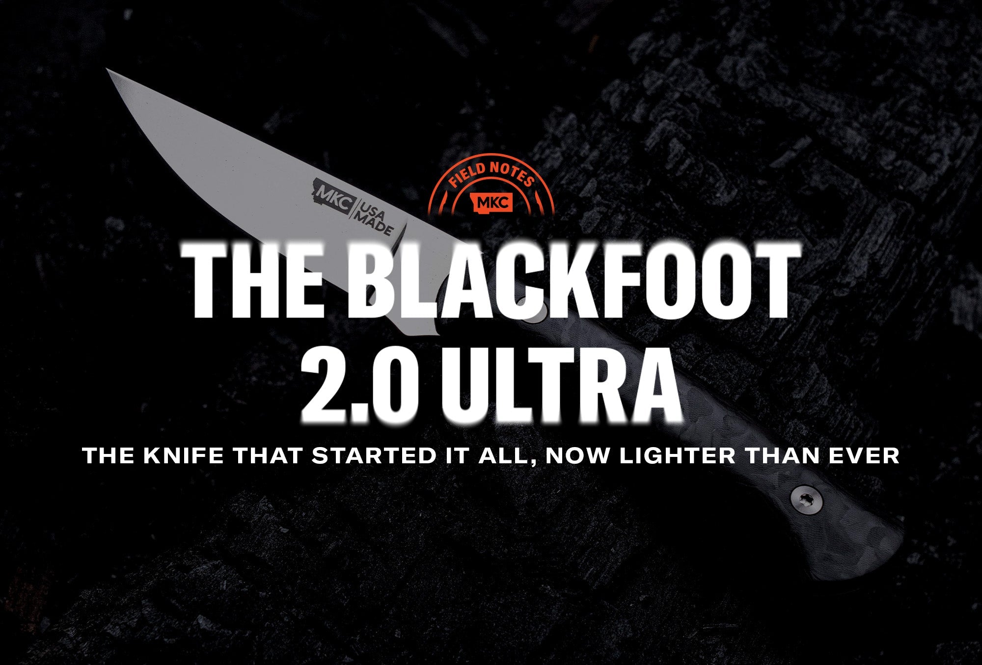 MKC Blackfoot 2.0 Ultra knife displayed on a dark background with marbled carbon‑fiber handle.