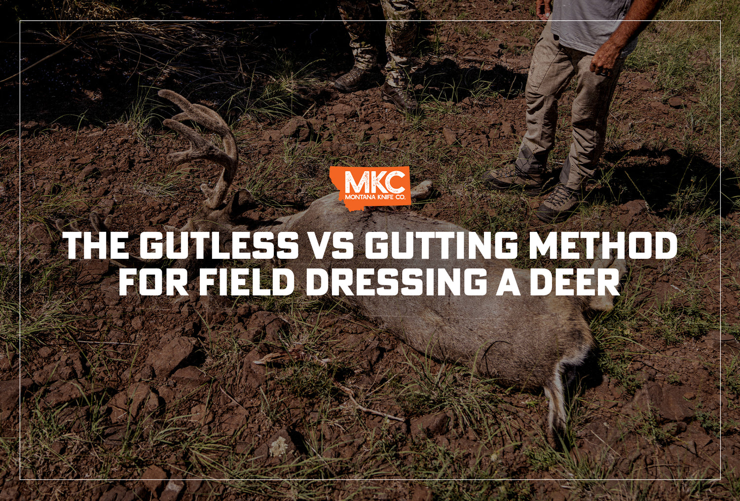 Gutless vs gutting method for field dressing a deer, with a dark overlay.
