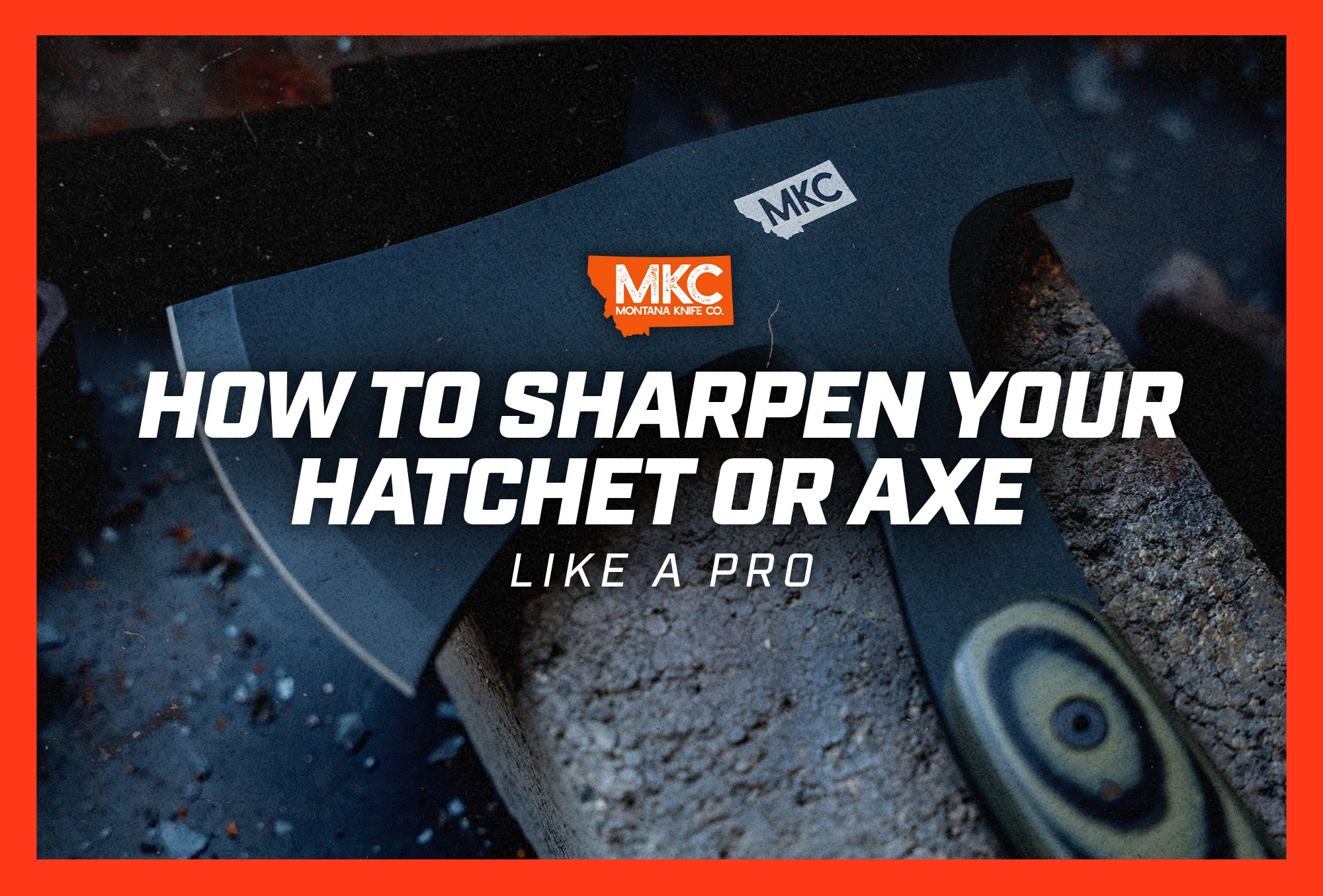 An MKC hatchet lies on a stone, representing a lesson on how to sharpen a hatchet or axe like a pro.