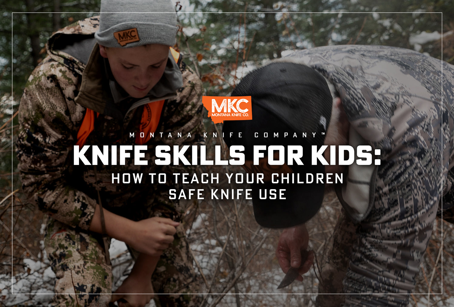 A son helps his father begin to dress an animal in the field while learning knife safety for kids.