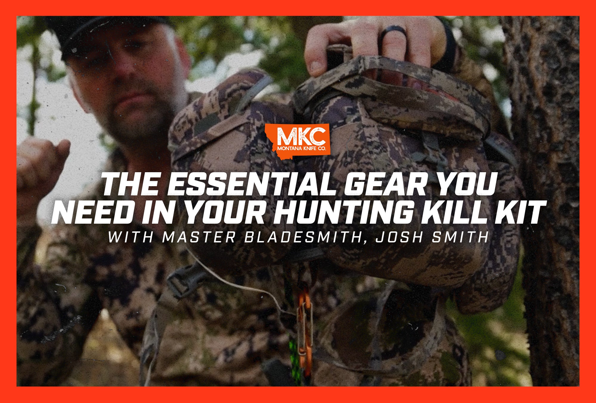 Master bladesmith Josh Smith holds up his hunting kill kit while dressed in camo out in the field.