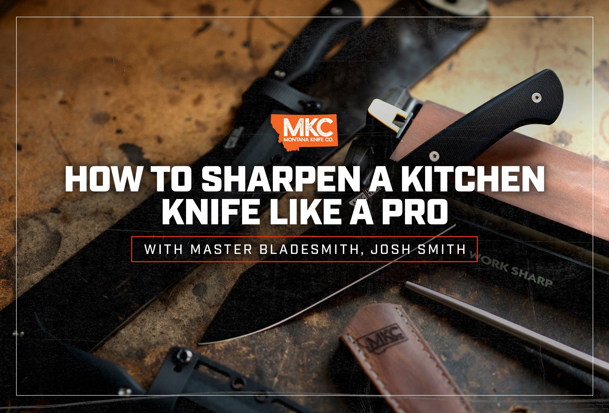 Three kitchen knives lie scattered around a Work Sharp whetstone and a leather sheath.